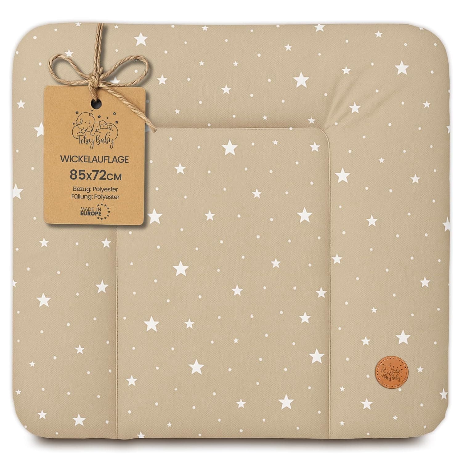 Changing pad wipeable and waterproof 85 x 72 cm cm - changing mat to place on changing table, changing top, changing dresser, or washing machine, changing mat Oeko-Tex Beige with white stars
