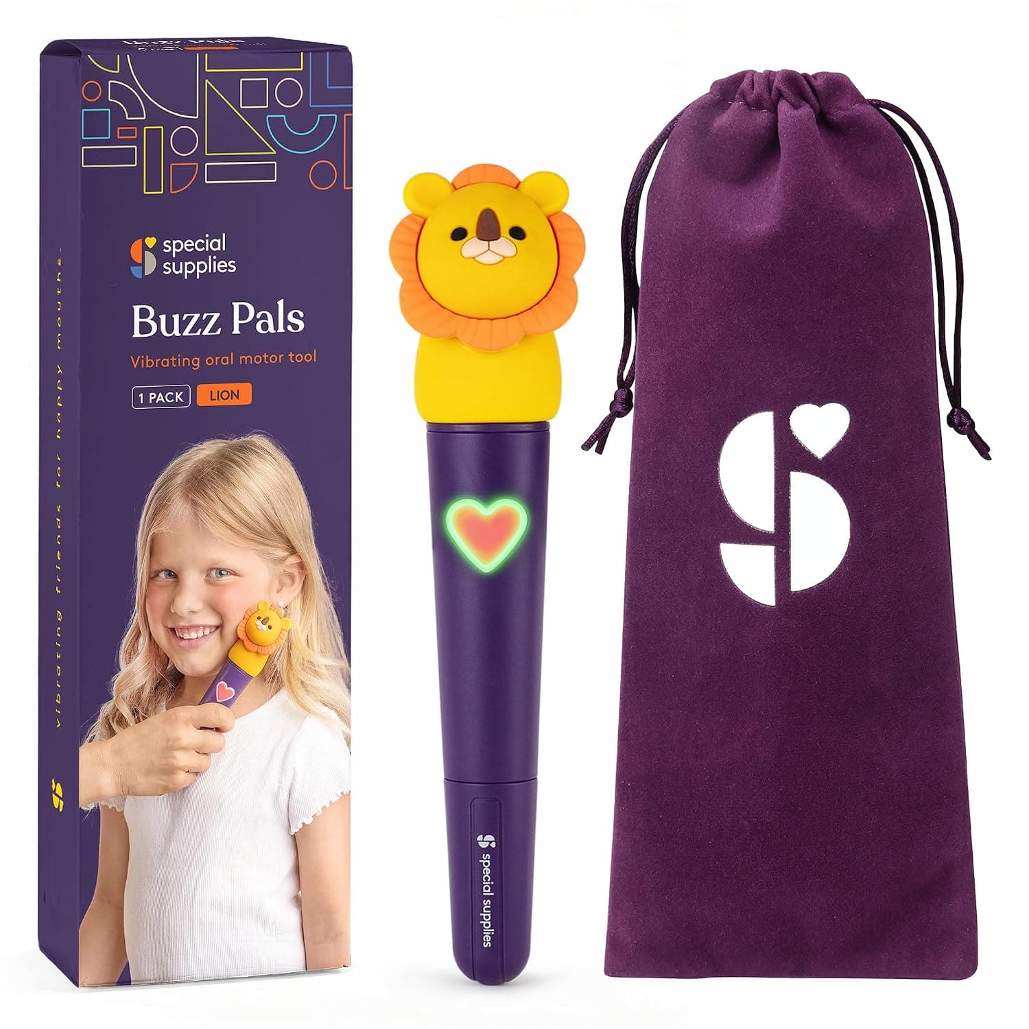 Special Supplies Buzz Pal Oral Motor Stimulation Kit with Soft Textured Interchangeable Head, Calm Sensory Needs, Support Speech and Self Feeding, Gentle Vibrations (Lion)