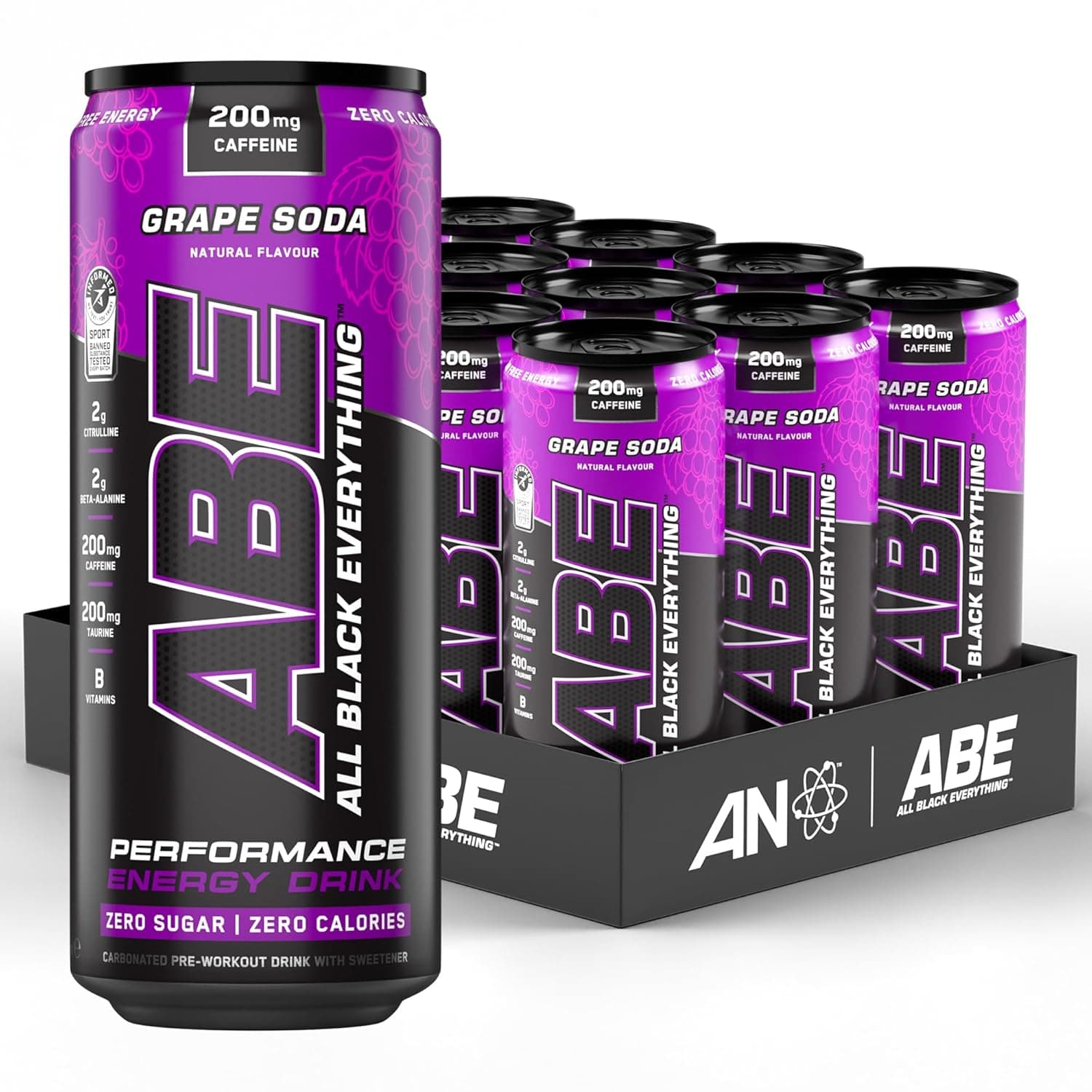 Applied Nutrition ABE Pre Workout Cans - All Black Everything Energy Drink, ABE Carbonated Drink with Caffeine (Pack of 12 Cans x 330ml) (Grape)