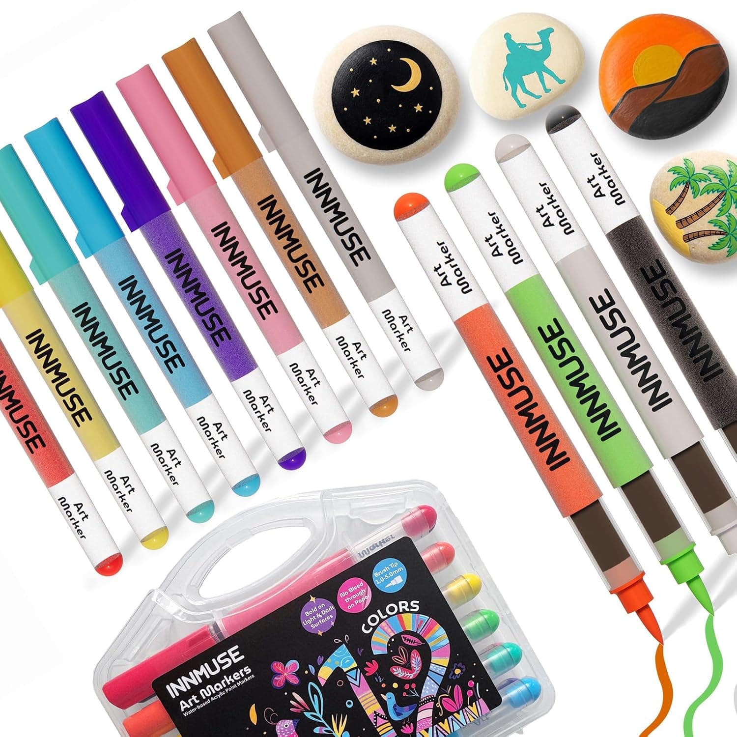 12 Colors Easy-Flow Brush Tip Acrylic Paint Markers, Ideal for Painting, Drawing, Art and Craft Projects, Permanent Marker for Canvas, Rock, Wood,Stocking Stuffers Art Supplies