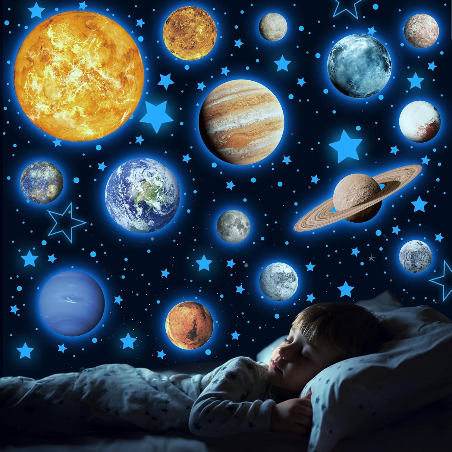 Glow in The Dark Planets Solar System Wall Decals, Glowing Stars for Ceiling Decoration, Nursery Wall Stickers for Bedroom, Kids Room Decor (Blue)