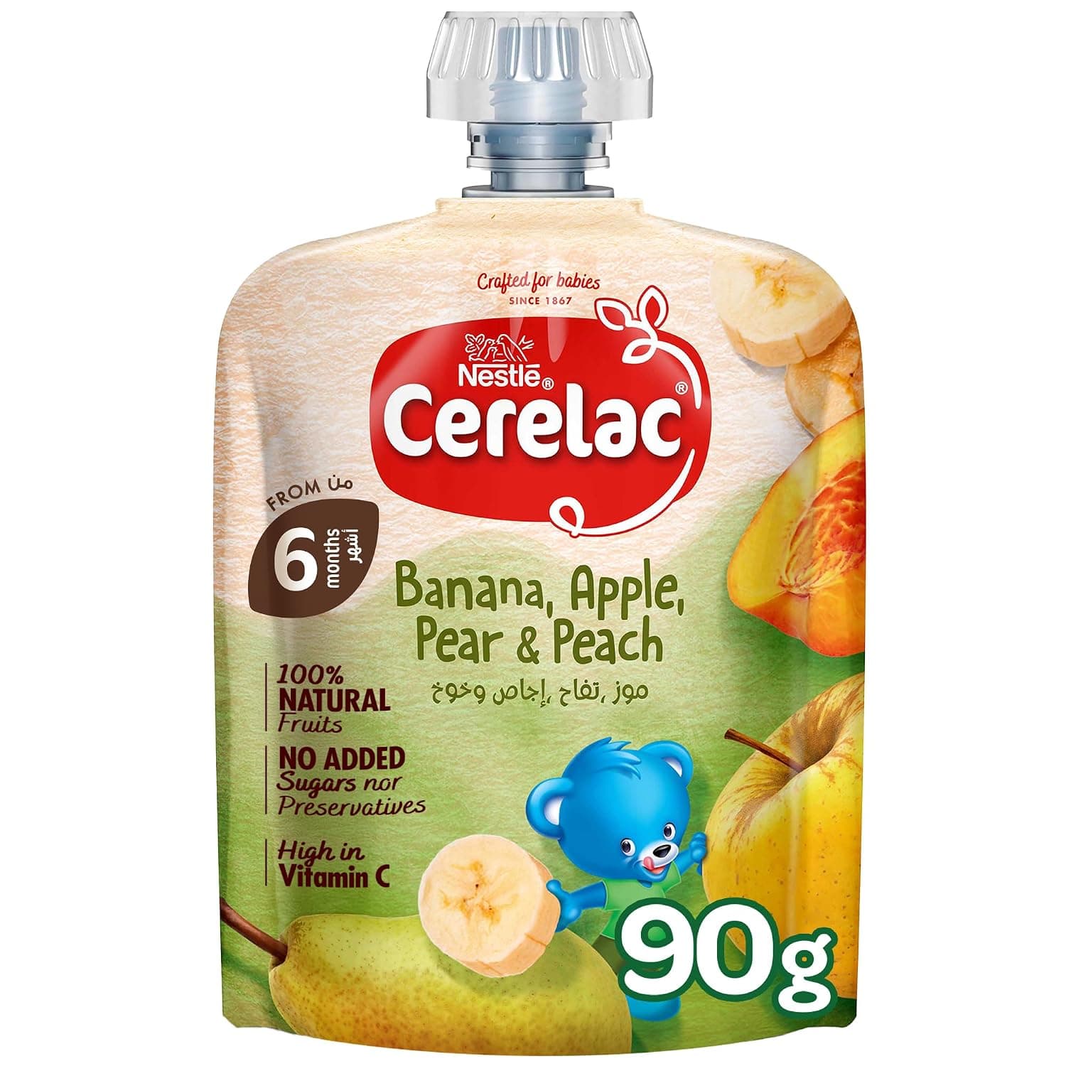 Nestle Cerelac Baby Food Fruits Puree Banana, Apple, Pear & Peach pouch, High in Vitamin C, 100% Natural Fruits, No Added Sugars, No artificial flavors, No preservatives. 90G (6m+)