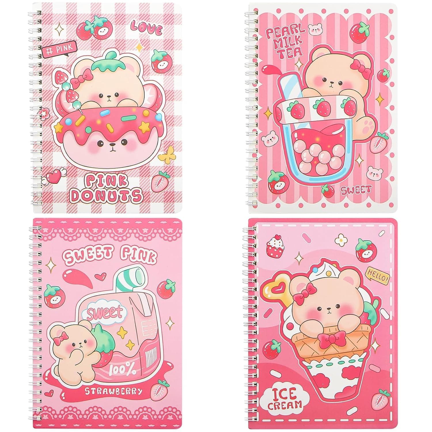 4 Pack Spiral Notebook, A5 Pink Bear Cartoon Cute Ice Cream Milk Tea Dessert Wirebound Pocket Journal Hardcover Note Books Lined Notepad Diary for Women Girl Kid Christmas Office Birthday Supplies