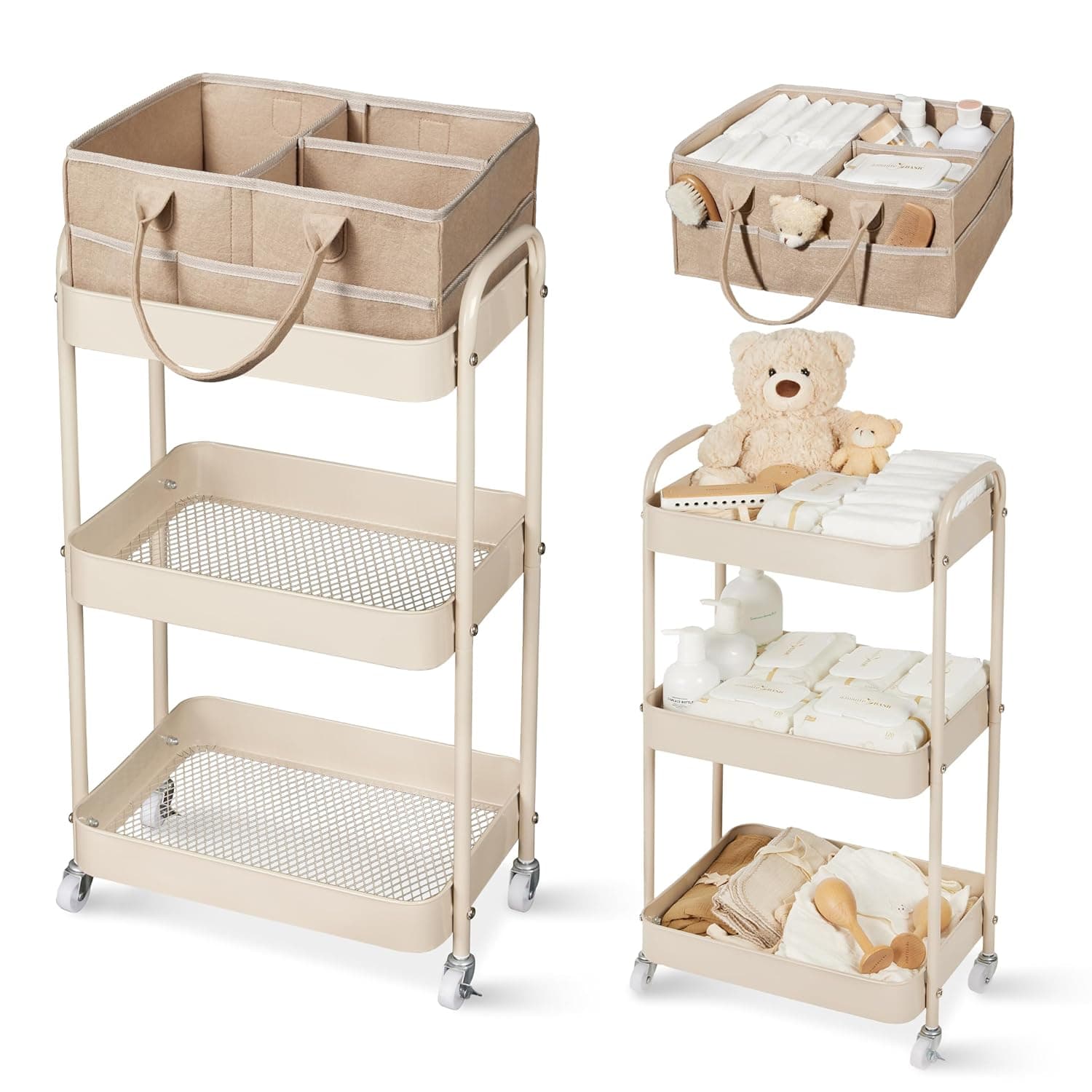 Fortella 2-in-1 Rolling Diaper Cart & Nursery Organizer, 3-Tier Mobile Utility Cart, Detachable Bedside Caddy, Large Storage for Baby Essentials, Metal Frame(Brown) | Diaper Cart with Detachable Dividers, Nursery Storage & Bottle Organizer, Bedside Caddy for Bedroom and Living Room