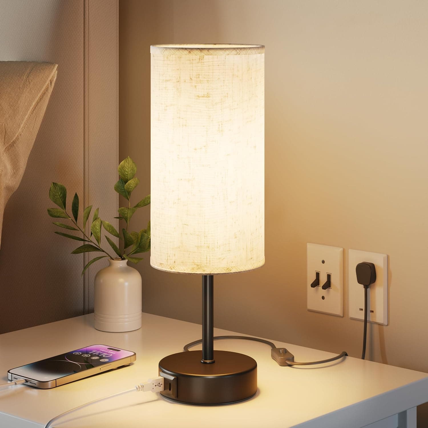 Bedside Lamps, Table Lamp for Bedroom/Living Room/Study Room/Office | Desk Lamp with USB A+C Charging Ports, 3-Way Dimmable Touch Lamp, Warm Light, Linen Shade, 1.5 m Cable, E27 Incl., Black