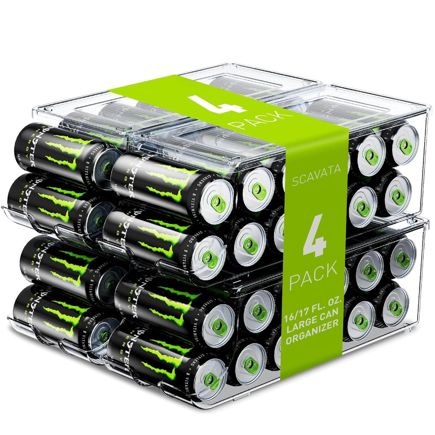 منظم علب الصودا للثلاجة من سكافاتا، 4 عبوات للعلب الطويلة سعة 16 اونصة و17 اونصة، موزع علب المشروبات قابل للتكديس مع غطاء للثلاجة وخزانة المؤن والفريزر، صناديق تخزين بلاستيكية شفافة