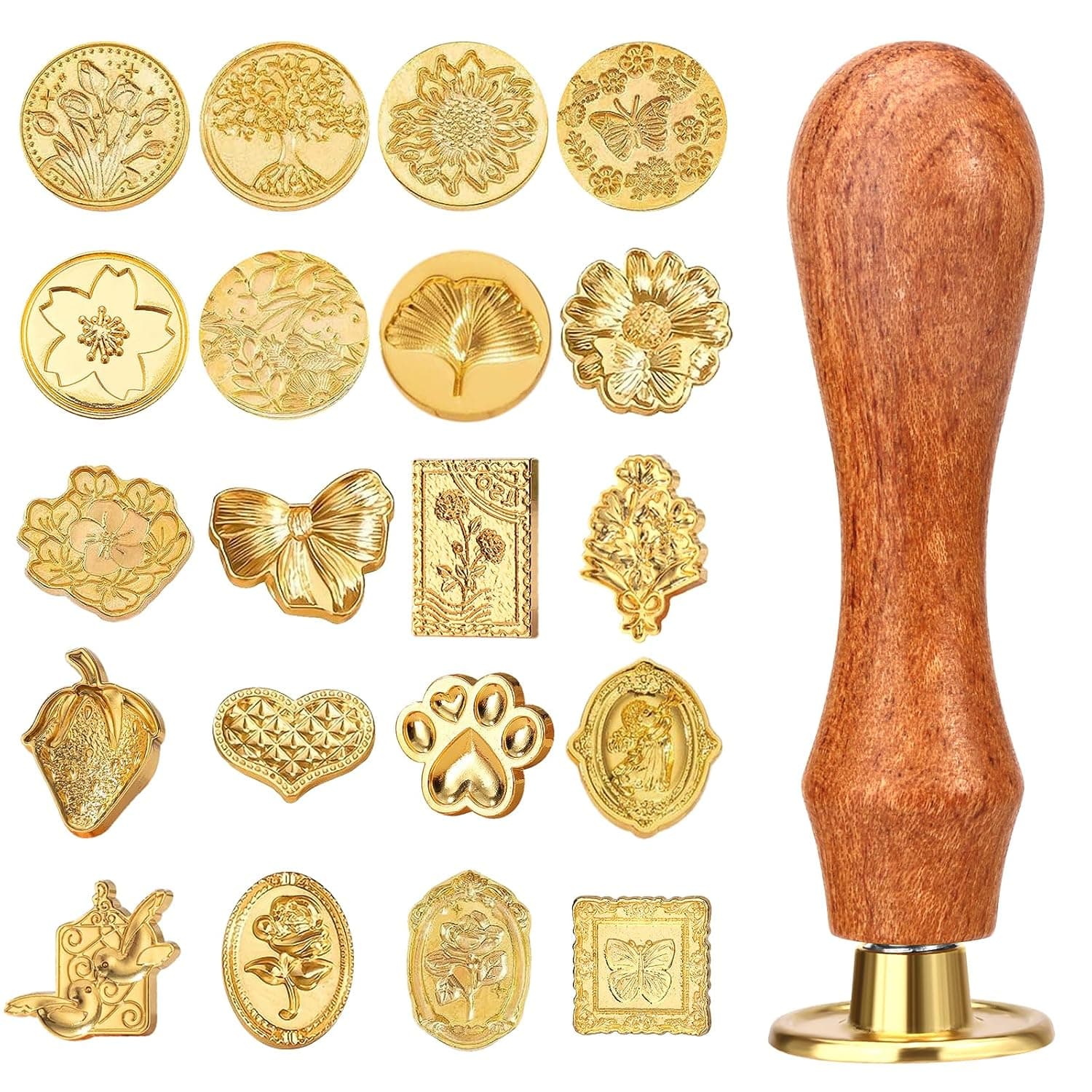 21Pcs Vintage Wax Seal Stamp Kit with Wooden Handle, Classic Sealing Wax Stamp Heads for Wedding Party Invitations & Gift Wrapping (Gold)
