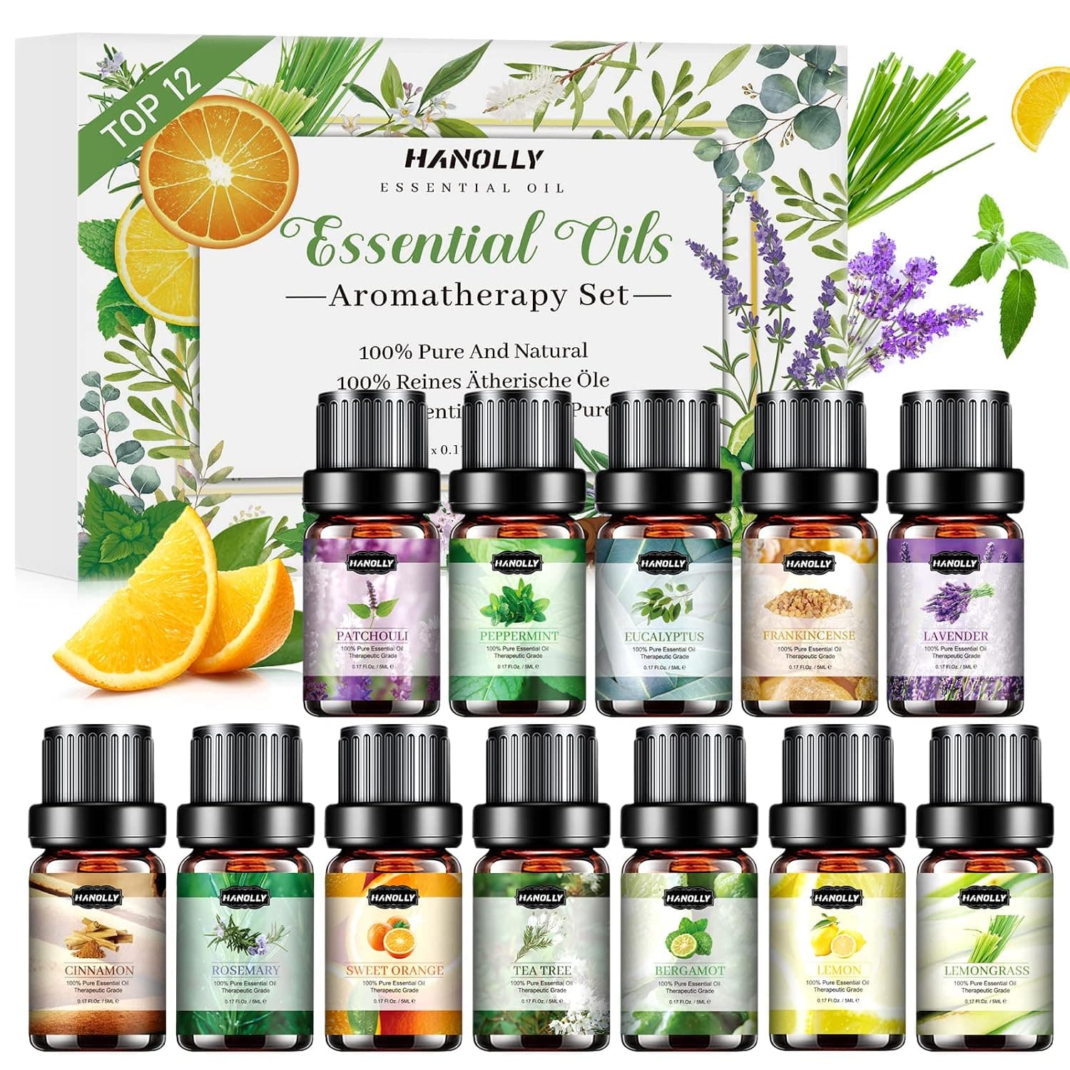 Hanolly Essential Oils Set, 12 x 5 ml Natural Pure Aromatherapy Fragrance Oils for Diffuser, Humidifier, Candle Making