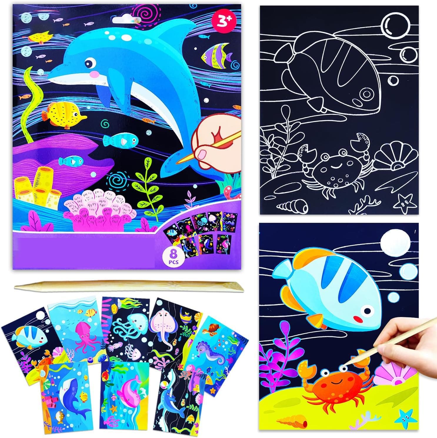Scratch Art for Kids – Sea Black Rainbow Scratch Paper Set, Arts & Crafts Supplies for Toddlers, DIY Activity & Party Games, Magic Paper Gifts for Girls & Boys (Assorted Colors)