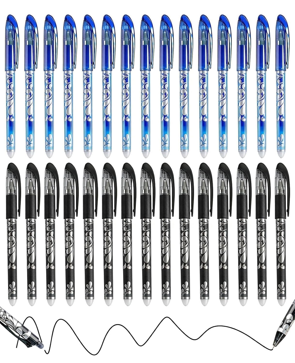 30-Pack Erasable Gel Pens with Eraser – 15 Black + 15 Blue, 0.5mm Rub Out Pens for School Office Notes, Smooth Writing & Easy Correction