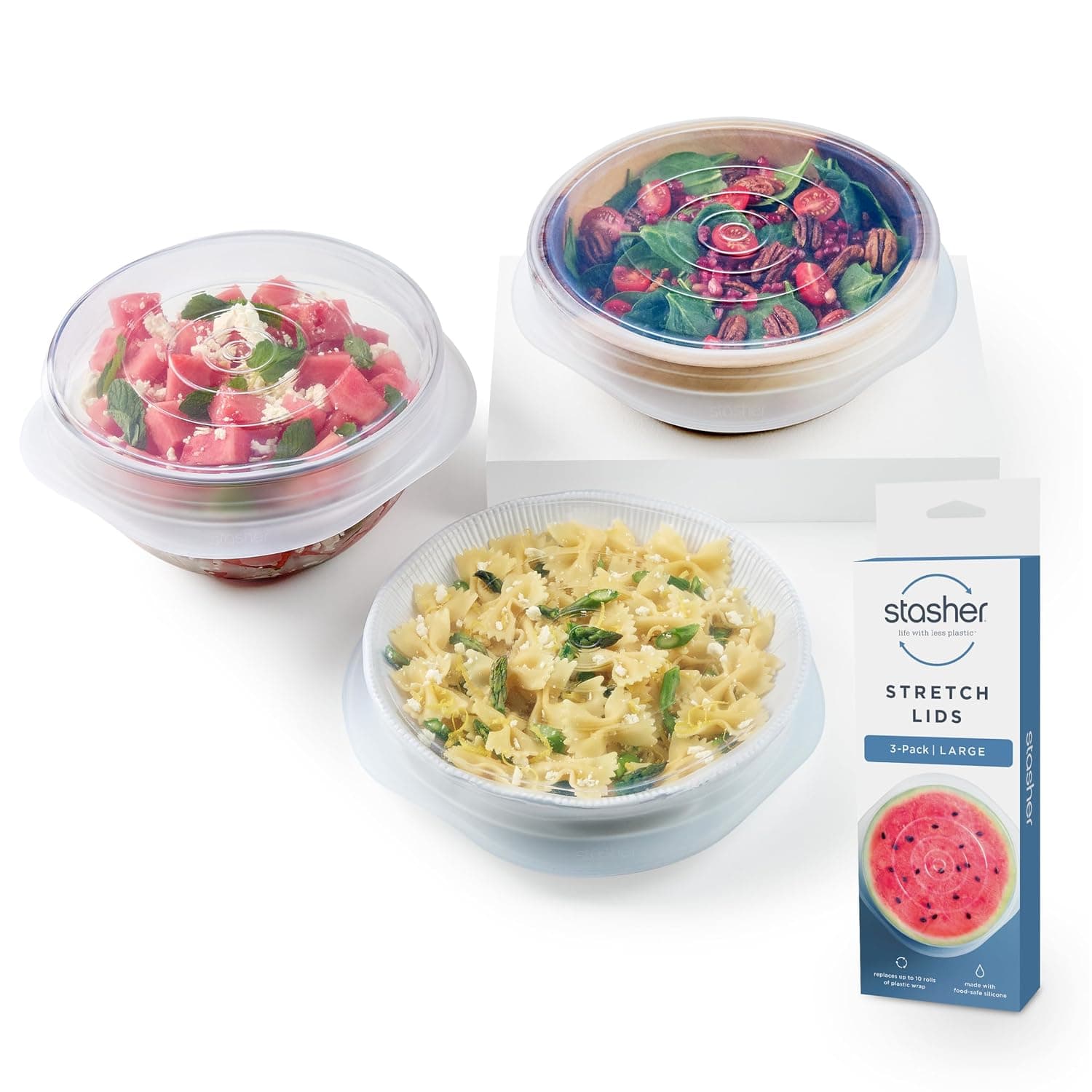 Stasher Premium Reusable Silicone Stretch Lids 3-Pack Box - Large, Clear, 9” Lids, Airtight Seal, Food Container Covers, BPA Free, Leak-free, Dishwasher Safe, Microwave Safe, Eco-Friendly | Food-Safe Silicone, Airtight Seal, Leak-Free, BPA-Free, Eco-Friendly, Food Container Covers, Microwave, Dishwasher, Meal Prep