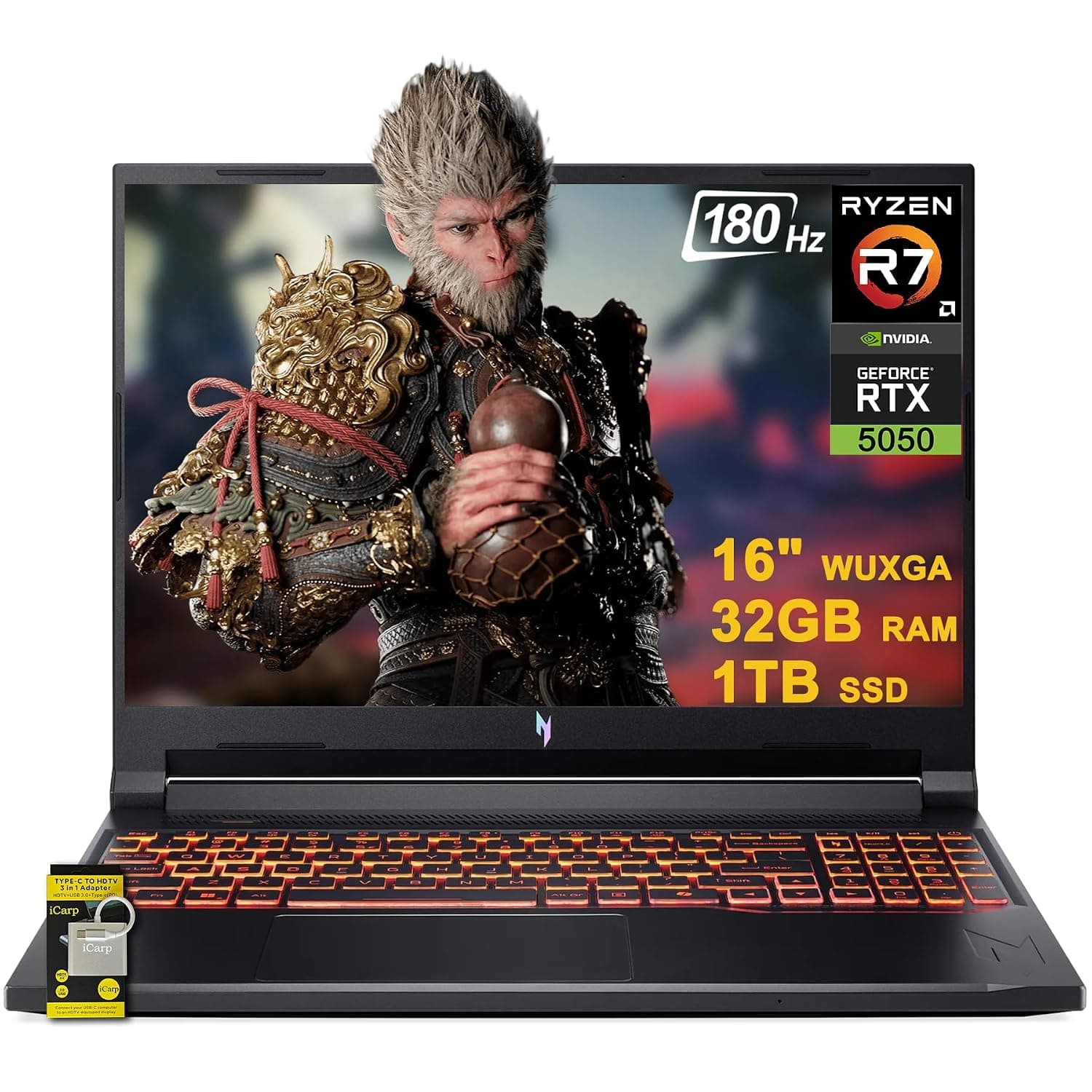 acer Nitro V 16 AI Gaming Laptop 16" WUXGA IPS 180Hz AMD Zen 4 Octa-Core Ryzen 7 260 32GB RAM 1TB SSD GeForce RTX 5050 (Up to 421 AI Tops) Backlit Win11 w/ICP Hub