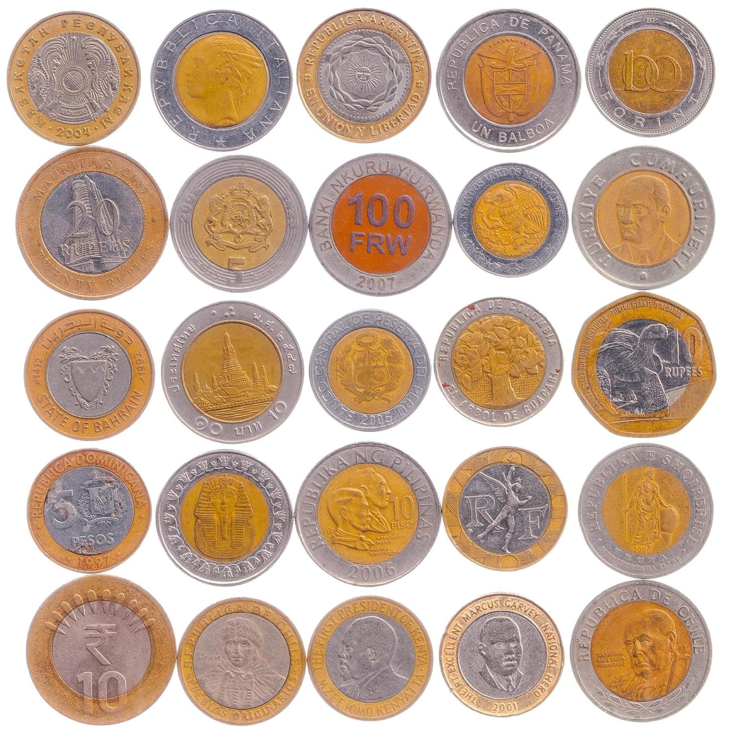Bi-Metallic Coin Collection - 10 Dual-Metal Coins - Mixed World Countries - Core and Ring