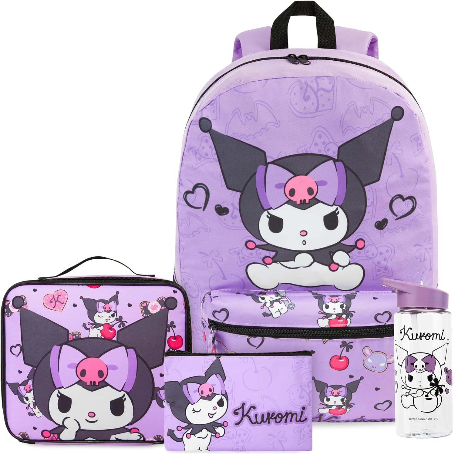 Get Trend Hello Kitty Sanrio | Kuromi | Cinnamoroll Kids Backpack Set, 4 Pcs Large School Bag Rucksack with Pencil Case, Insulated Lunch Bag & 500ml BPA Free Water Bottle, School Supplies Gifts