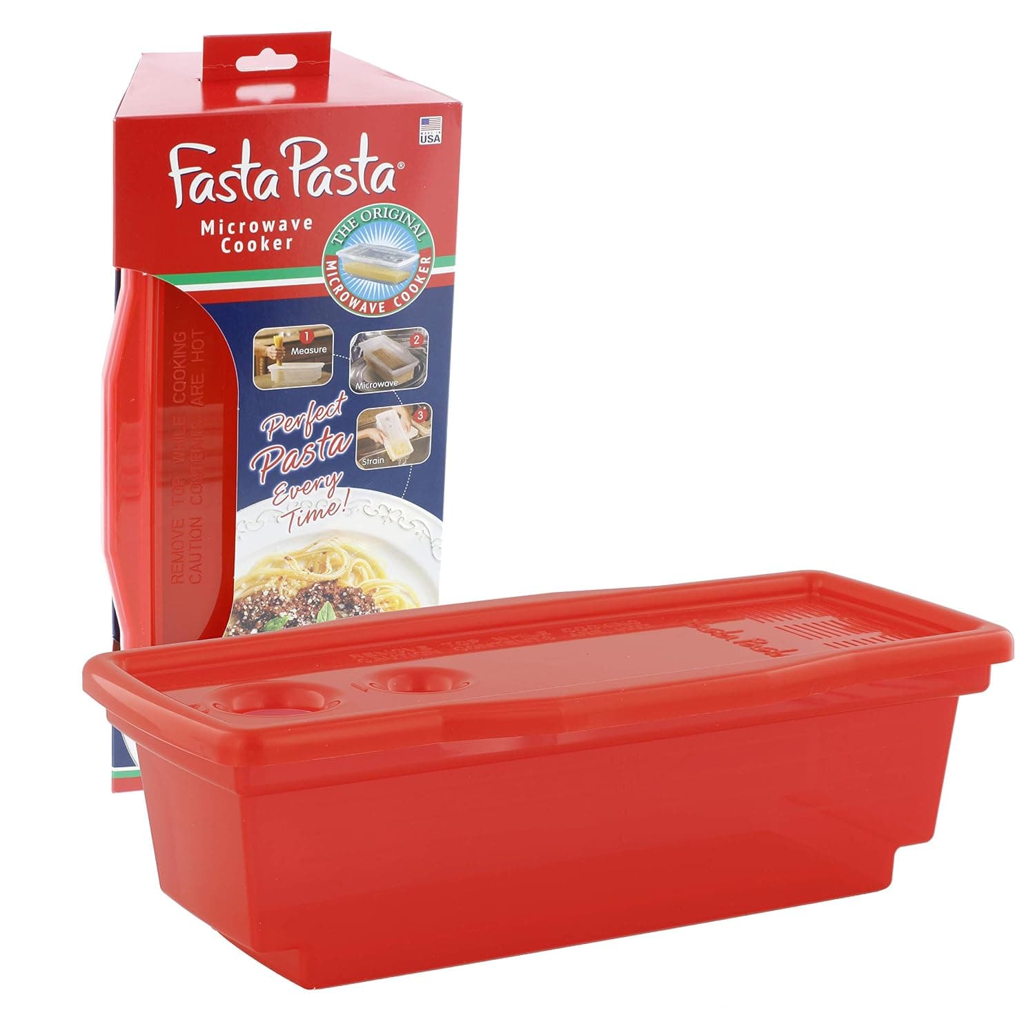 Microwave Pasta Cooker - The Original Fasta Pasta (red) - No Mess, Sticking Or W | Patented Reservoir Design for Al Dente Results, No Boil Overs, Easy Drain & Clean, Saves Time & Water, Dishwasher Safe