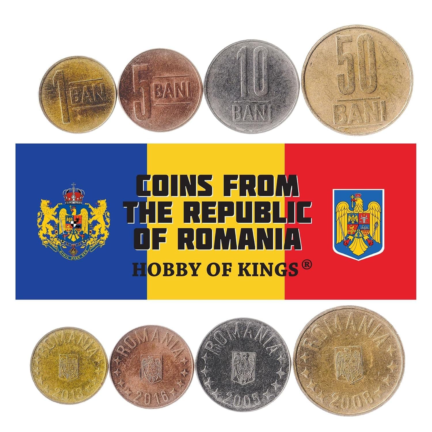 4 Coins from Romania | Romanian Coin Set Collection 1 5 10 50 Bani | Circulated 2005-2017 | Eagle | Stars