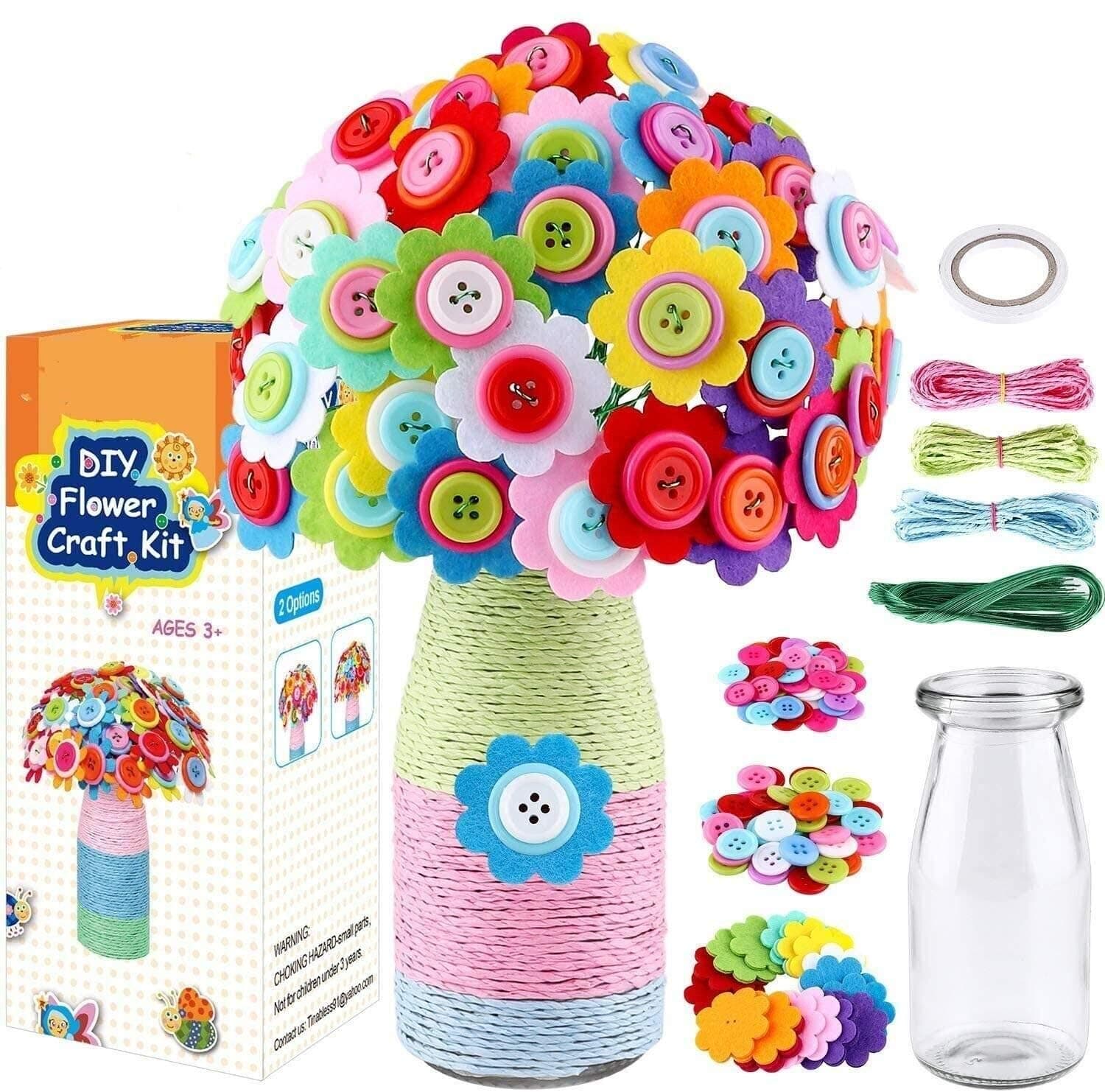 Flower Craft Kit for Kids -Make Your Own Flower Bouquet with Buttons and Felt Flowers, Vase Art Toy & Craft Project for Children, Fun Party Favors DIY Activity Gift for Boys & Girls