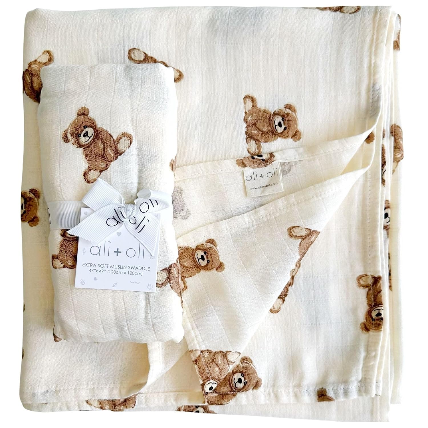 Ali+Oli Teddy Bear Swaddle Blanket, Organic Cotton, Newborn, 47 x 47 | Receiving wrap, Soft muslin blend, Breathable, Lightweight, Nursery essential, Machine washable