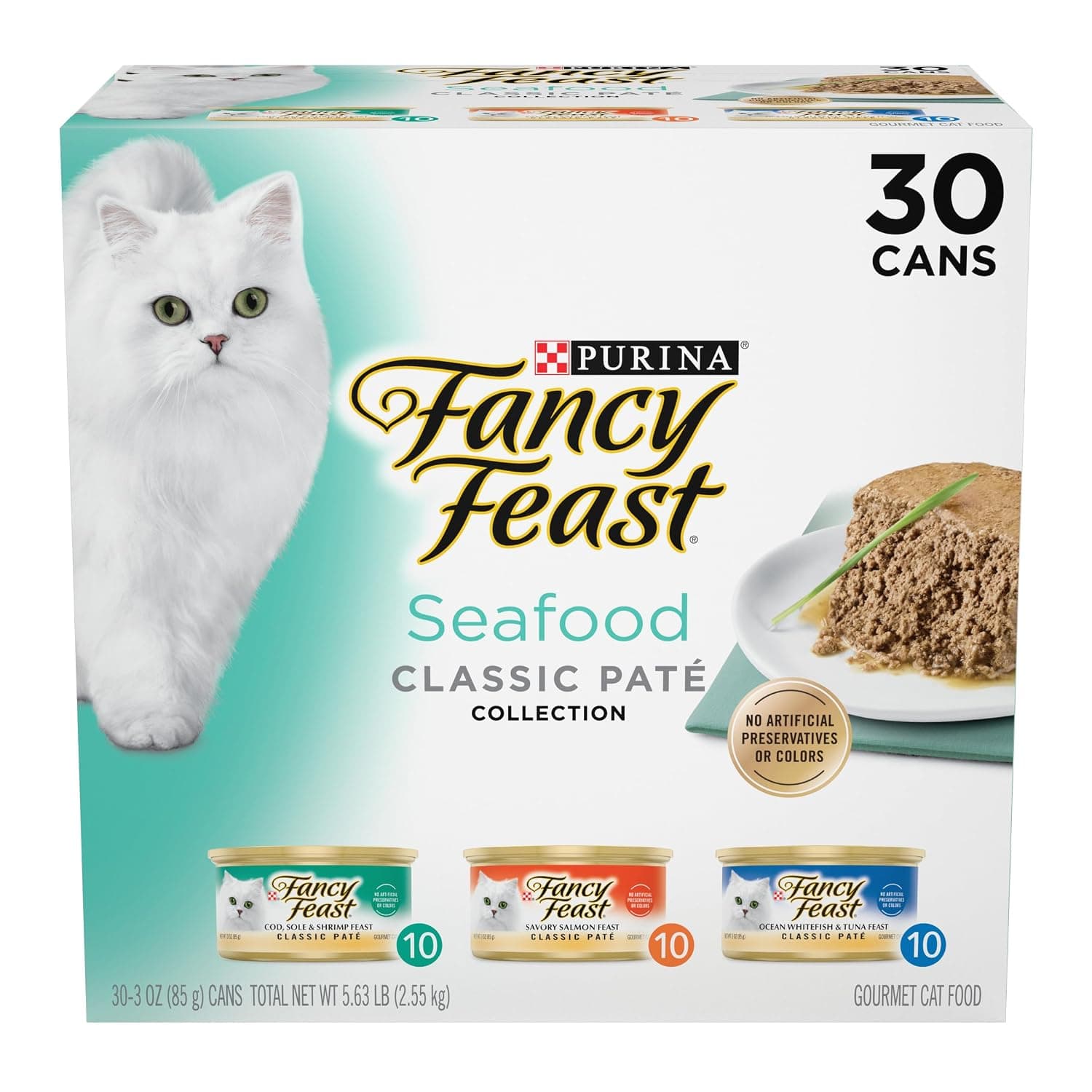 Purina Fancy Feast Grain Free Pate Wet Cat Food Variety Pack, Seafood Classic Pate Collection - (30) 3 oz. Cans