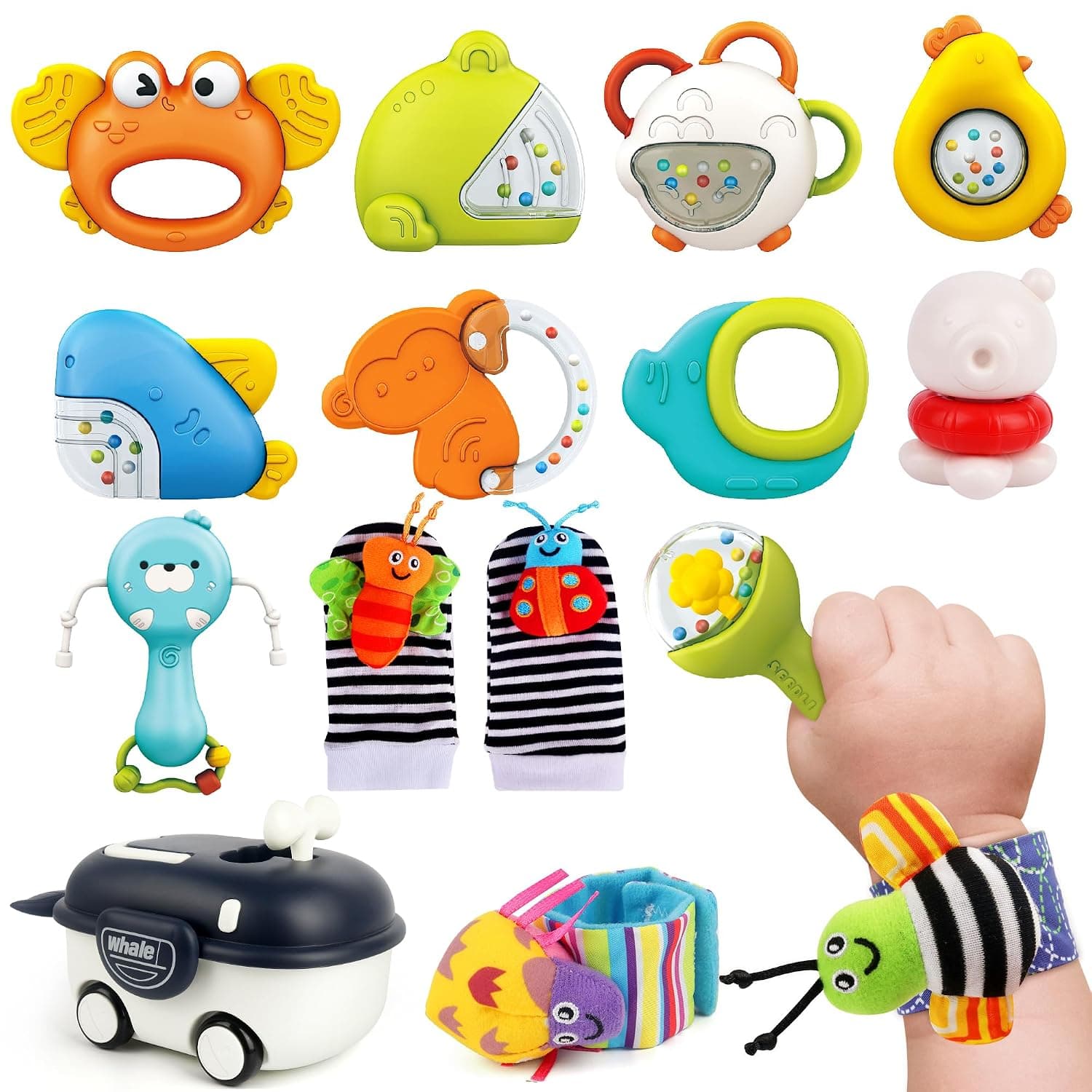 Baby Rattle Teething Ring Set, Newborn Toy Baby Socks with Storage Box, Baby Toy 0-12 Months, Sensory Montessori Gift for Boys Girls Toddlers (14 Pieces)