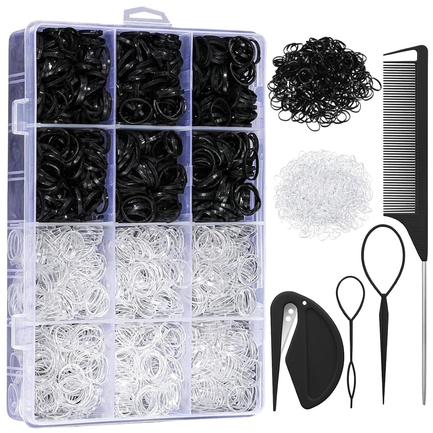 Elastic Hair Bands with Hair Loop Styling Tool Set, 2000pcs Elastic Hair Ties with Organizer Box, Elastic Hair Bands for Girls Toddlers Kids Pets Braids Ponytail Wedding Hairstyle