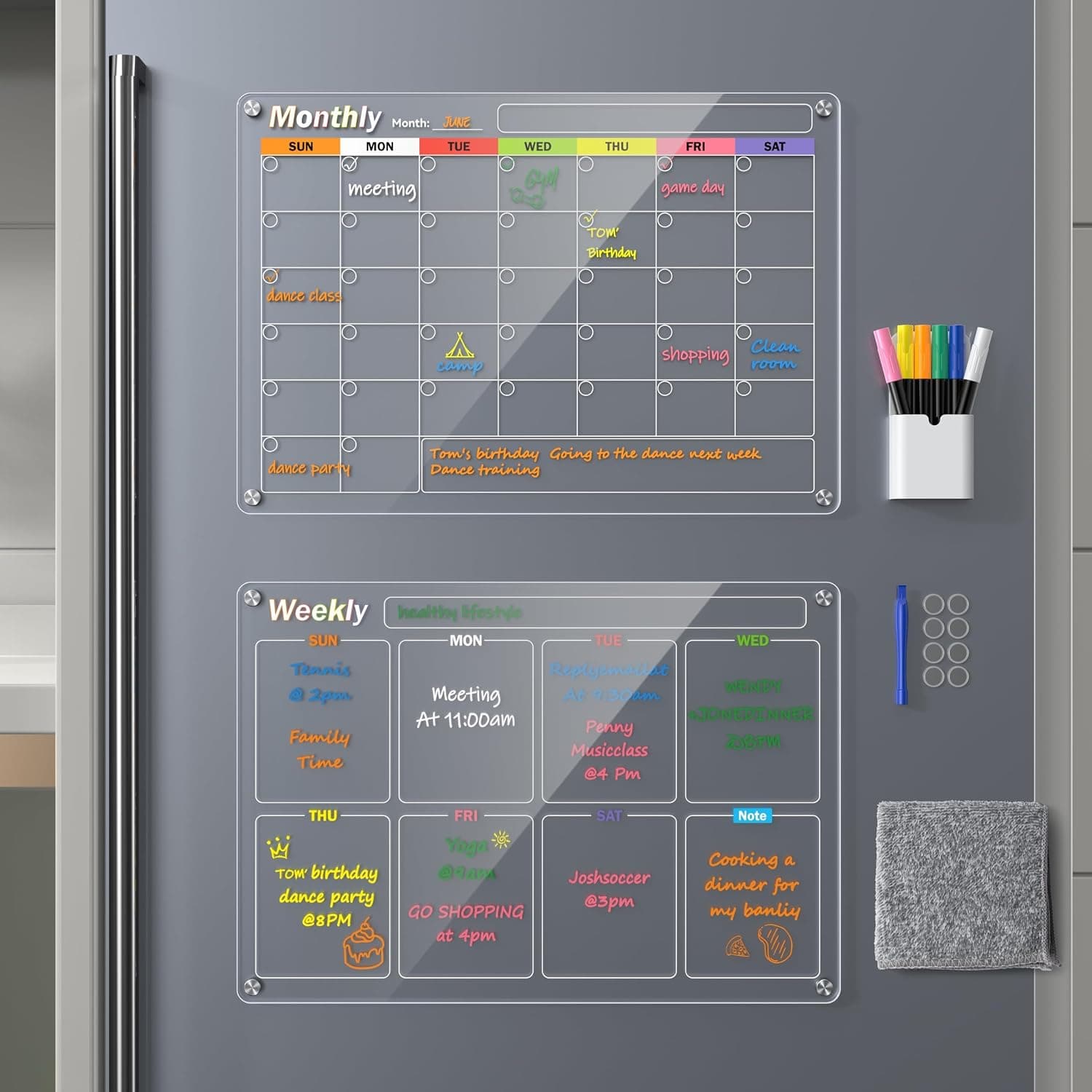 Magnetic Acrylic Dry Erase Whiteboard Fridge Monthly Weekly Calendar Planner Notice Board Set for Fridge/Glass/Kitchen/Office 6 Colored Markers (2 Pack, 17 x 12 Inch)