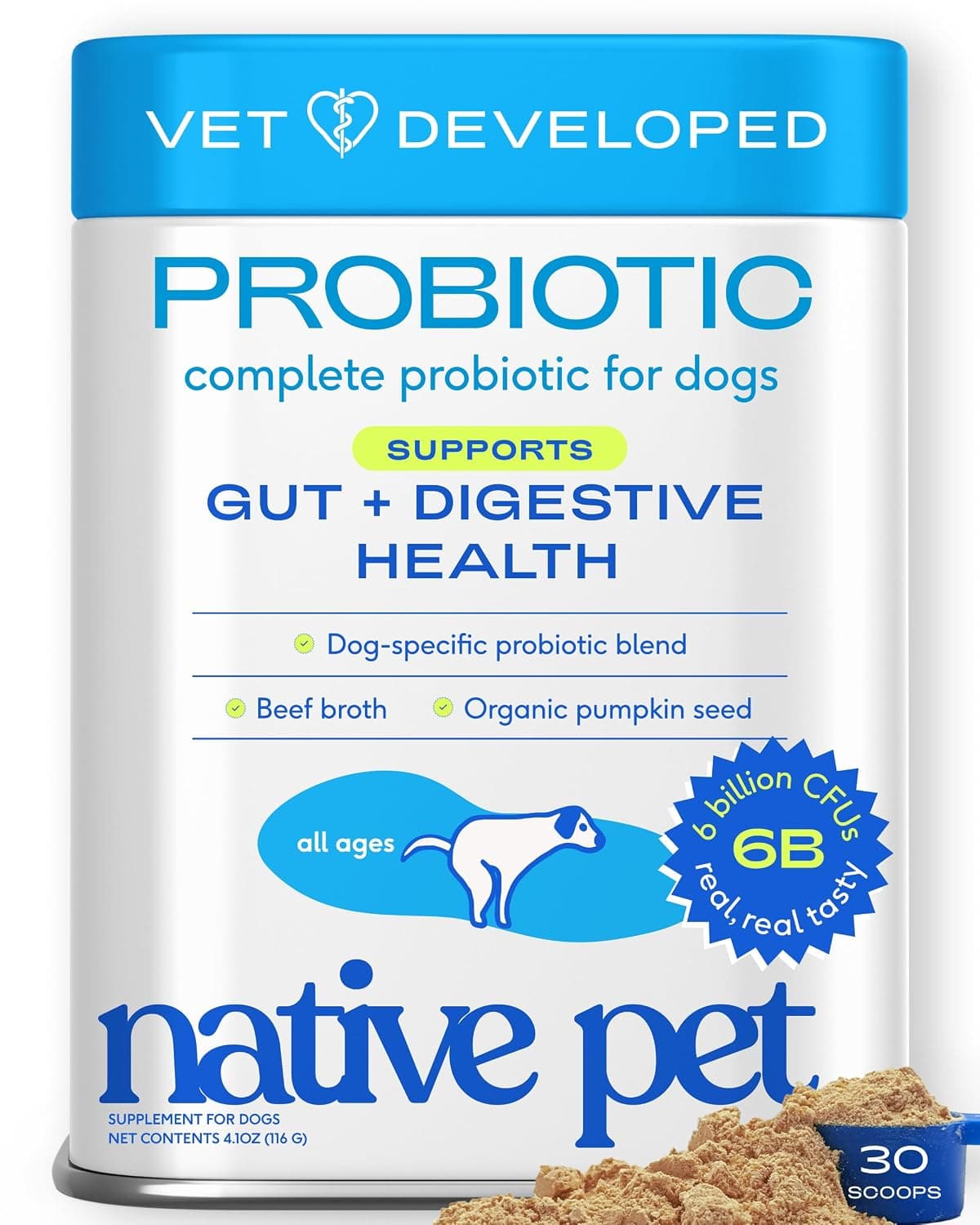 Native Pet Probiotic for Dogs - Vet Created Probiotic Powder for Digestive Issues - Probiotic Powder + Prebiotic + Bone Broth - 232 Gram 6 Billion CFU- Dogs Love! (4.1 oz)