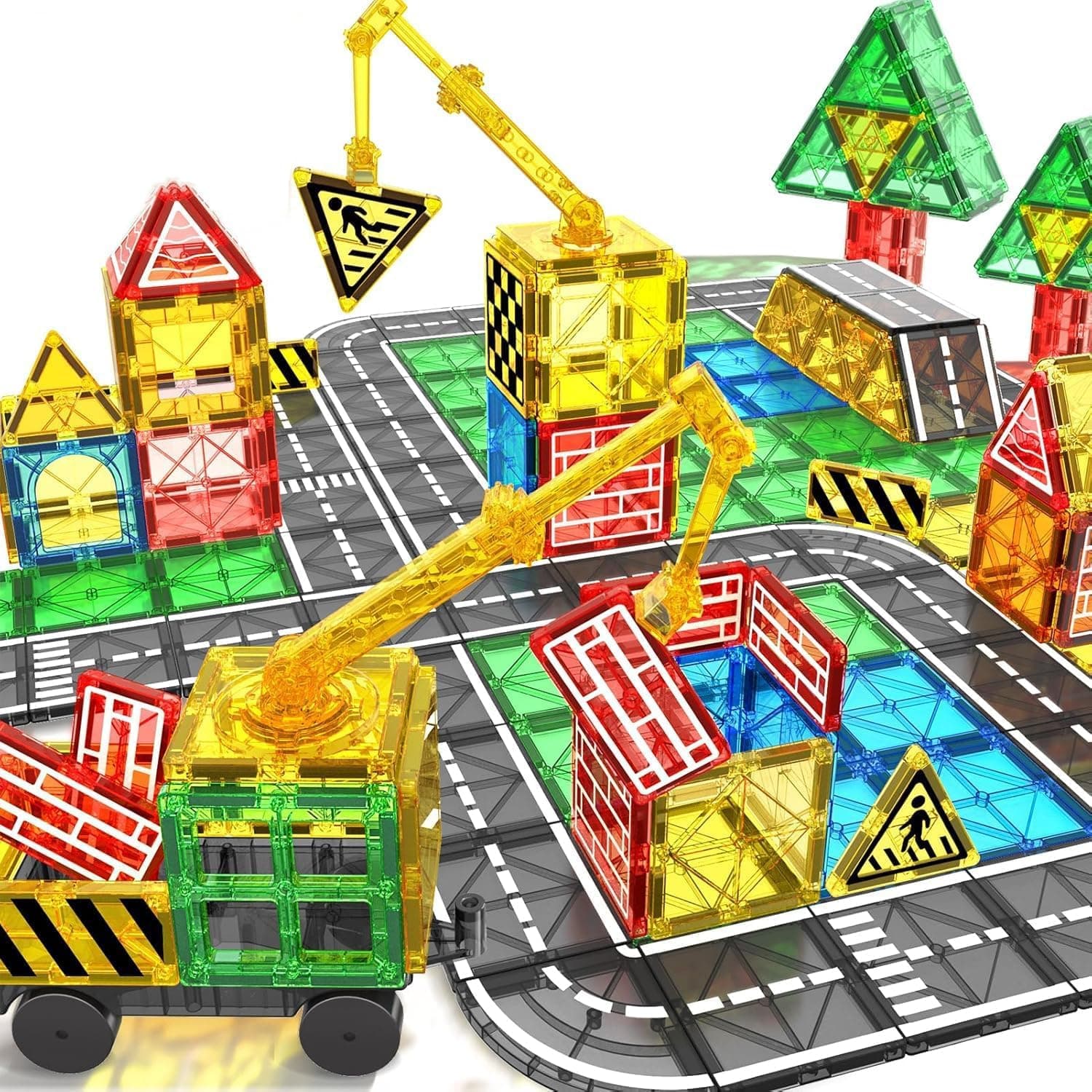 XICEN Mag netic Tiles Road Set, Magnet Crane Car Set for Kids Ages 3-5 4-8 5-7 Preschool City Construction Kids Games Toddler Toys for 3+ Year Old Boys Girls
