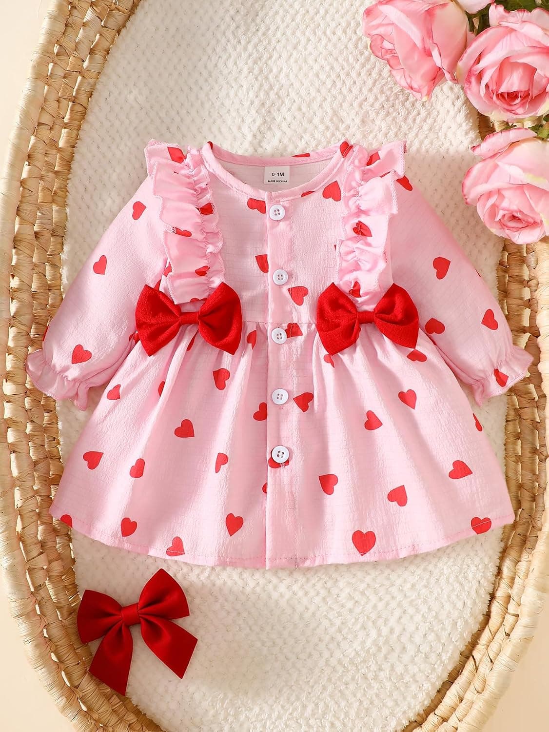 Baby Girl Heart Print Dress Long Sleeve Ruffle Front Bow A Line Infant Outfit