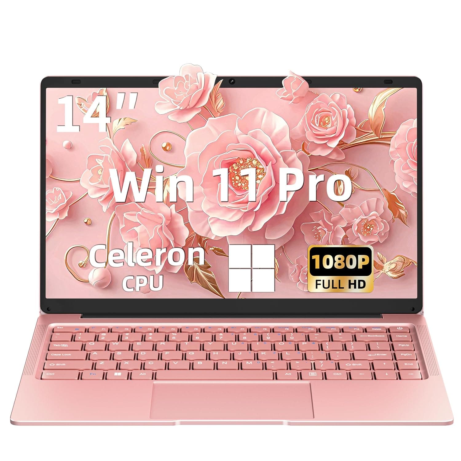 14 inch Rose Gold Laptop, Quad-Core Celeron J4105 Processor, FHD IPS Display, 6GB RAM 256GB SSD,Win 11 Pro PC, Ultra Lightweight Notebook for Travel, Online Classes, Work & Study