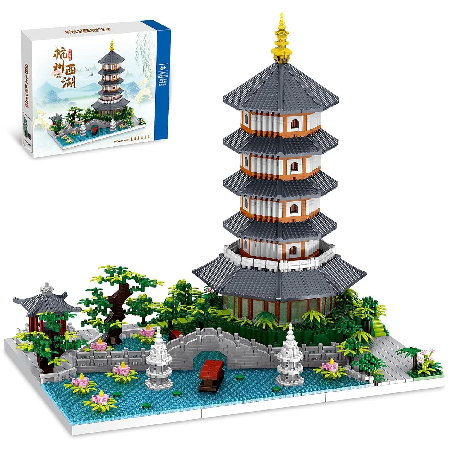 Chinese Architecture Micro Building Blocks Set, Creative Building Set Toys Gifts for Adults and Kids Age 14+, Hangzhou West Lake Collection Model for Display (3976 PCS)