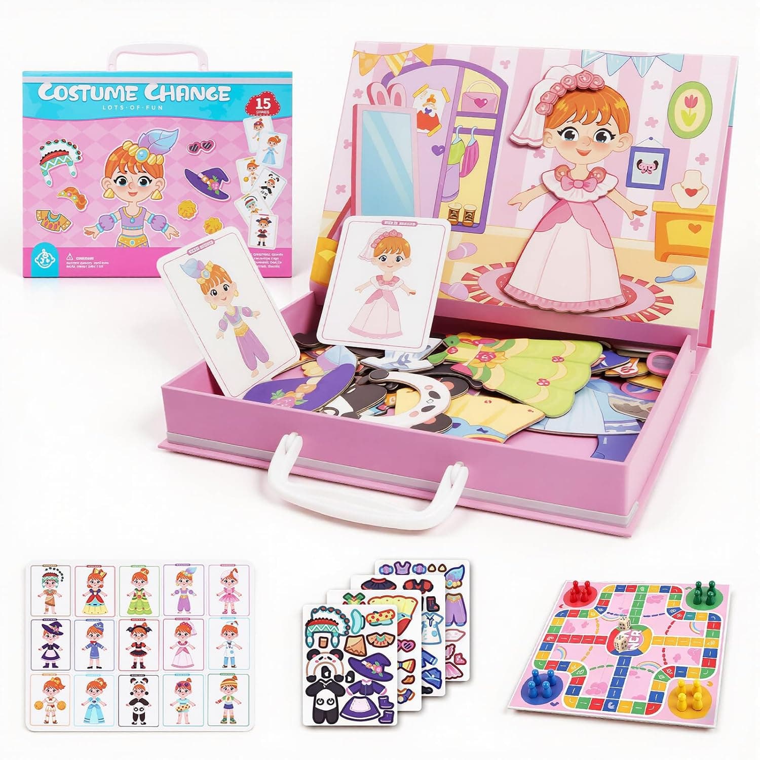 Soofam Magnetic Puzzle Book & Funny Faces Playset, Magnetic Dress-Up Dolls & Face Toy, Magnetic Puzzles for Toddlers, Handcrafted Puzzle Box, Holiday Gift for Kids 3-6 (Pink)
