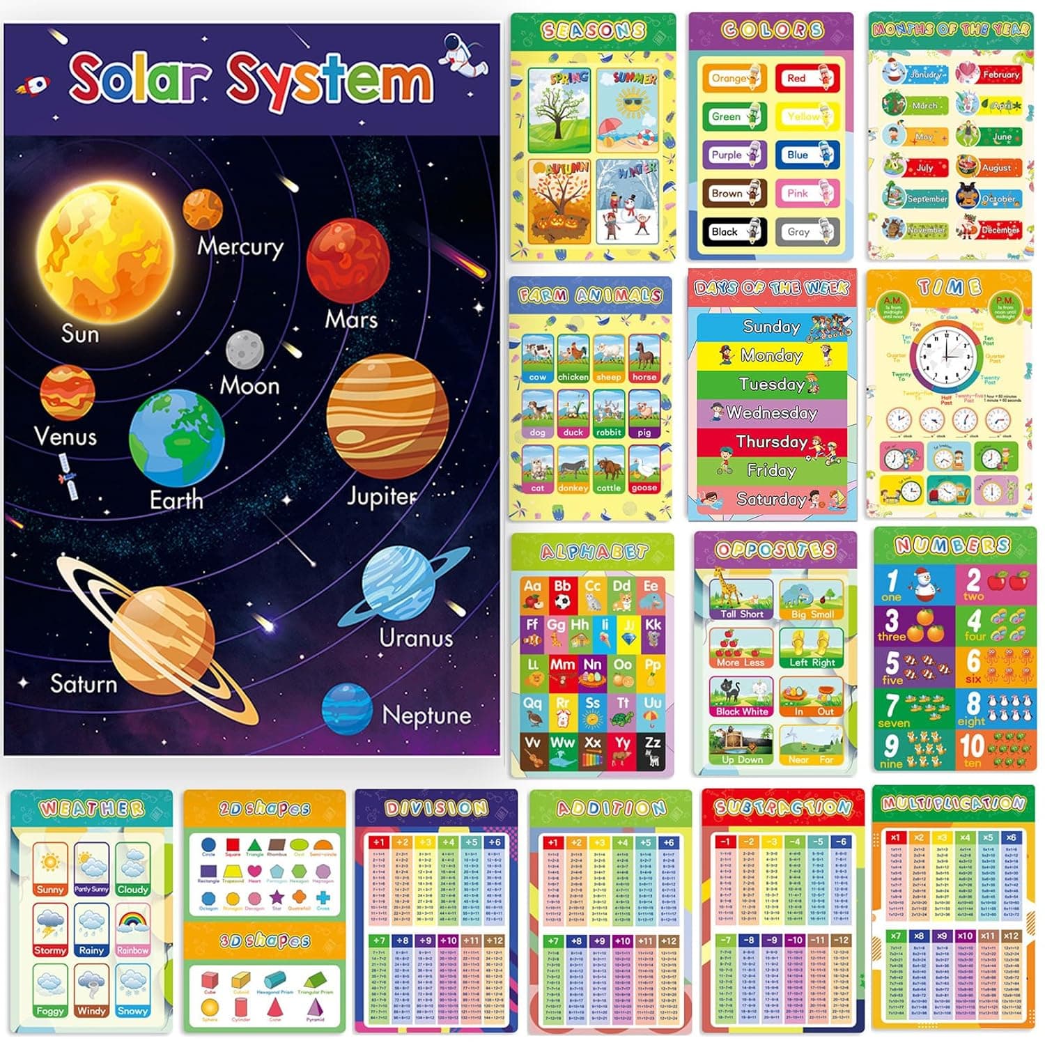 Oonkaf Educational Posters for Toddlers -16 Charts Classroom Decor - Playroom Decor - Daycare Classroom Decorations - Preschool Home School Essentials - ABC Poster - 16" x 11" Kids Posters