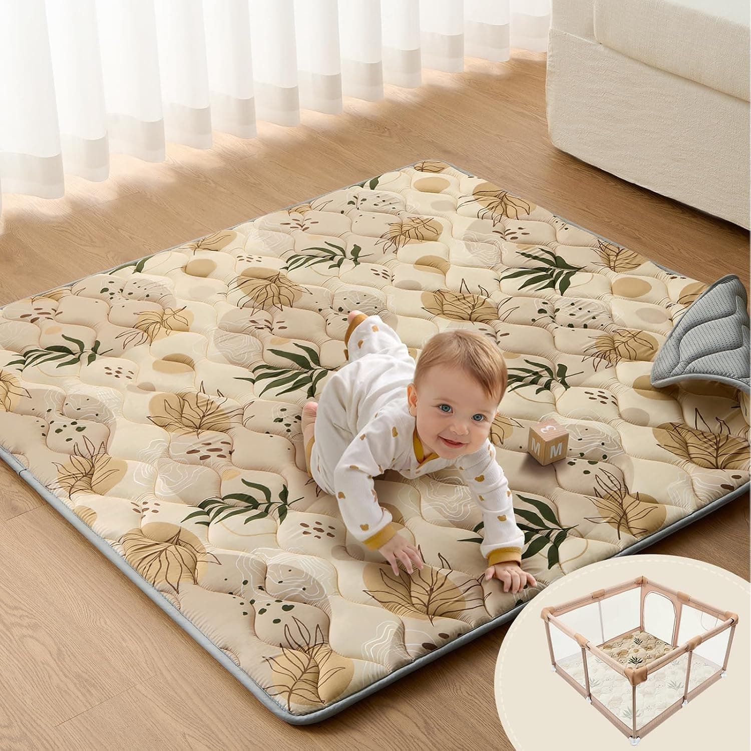 Blissful Diary Baby Play Mats for Floor, Playground Mat 50x50, Thick Padded Foam Filling for Infants and Toddlers, Earth Tones Ap Mat