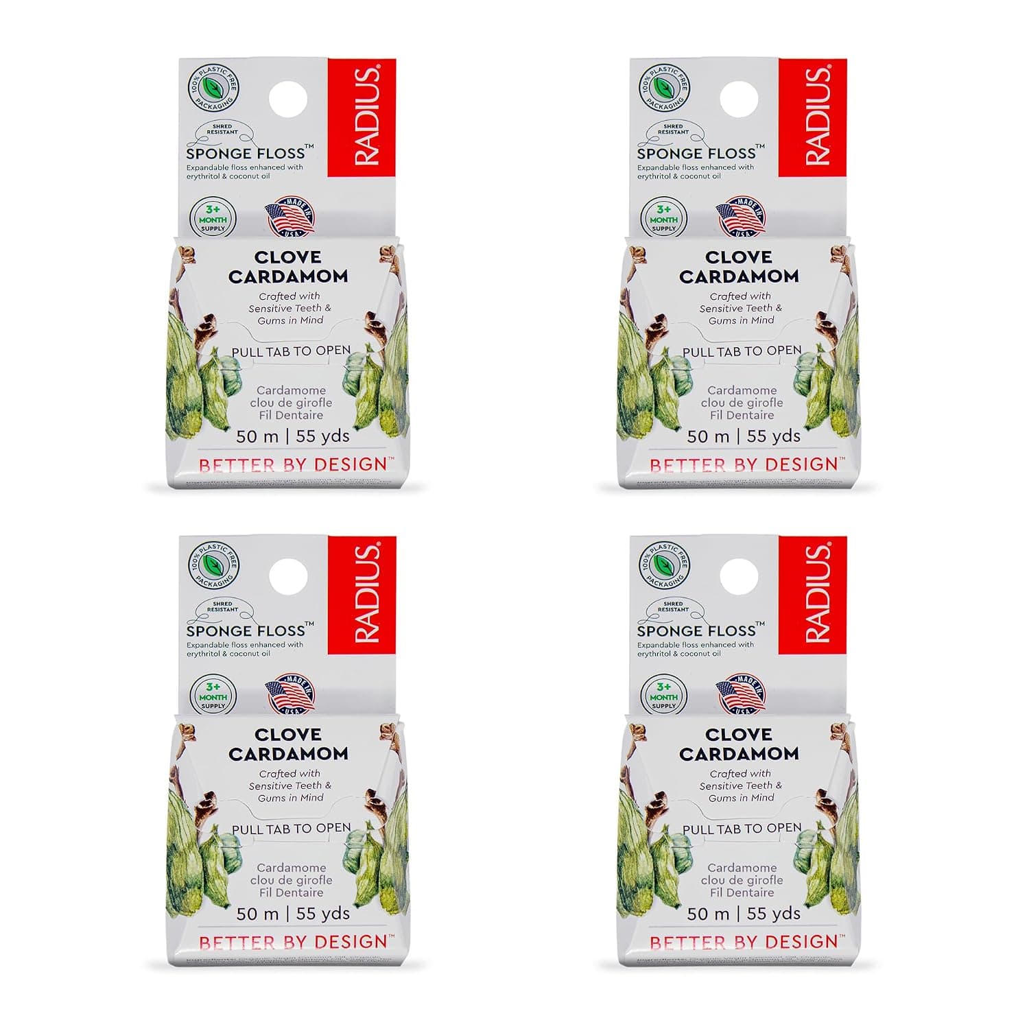 RADIUS Clove Cardamom Dental Floss 55 Yards Vegan & Non-Toxic Oral Care Boost & Designed to Help Fight Plaque Clear - Pack of 4