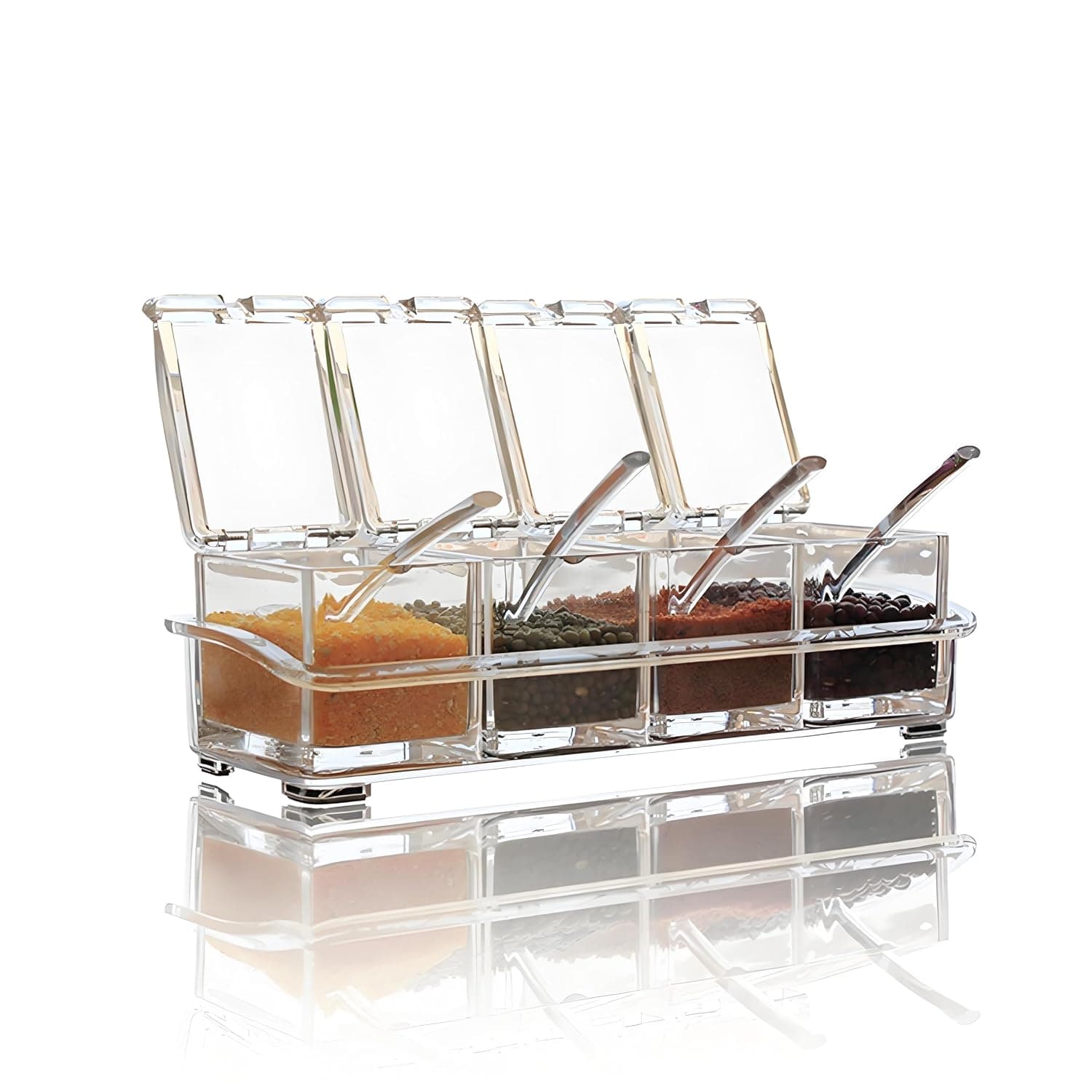 Clear Seasoning Box Set with Spoons, SYOSI 4 Compartment Spice Organizer with Non-Slip Tray, Transparent Condiment Container for Salt Sugar Pepper, Kitchen Countertop Storage Jars