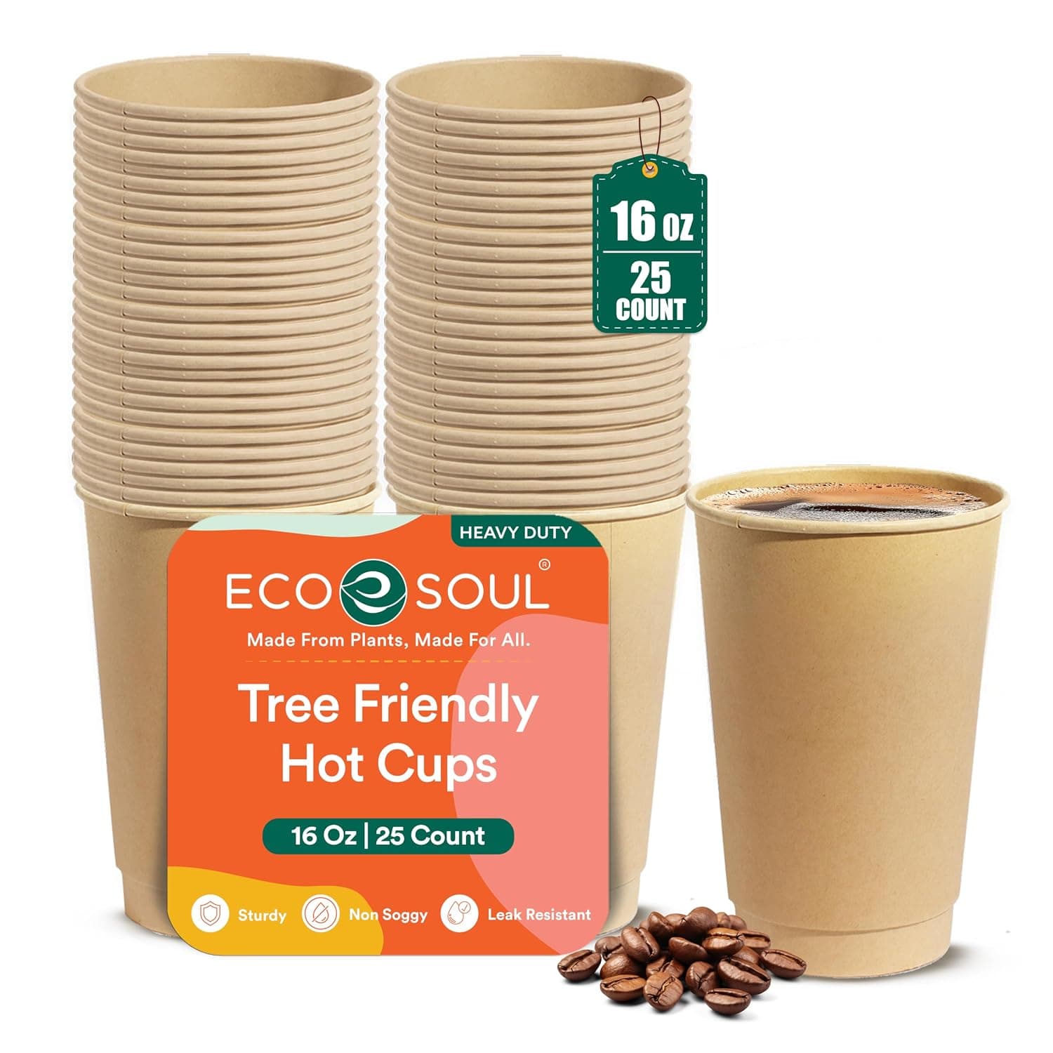 ECO SOUL 100% Compostable Plant-Based (PFAS-Free) 16oz Hot Cups | (25 Count, 16 oz Hot Cups) | Disposable Bagasse Paper Cups | Eco-friendly Cups | Sturdy, Microwave & Oven Safe | Eco-Friendly, Biodegradable, Compostable, Leak-free & Sturdy, For Hot Drinks, Natural, Microwave Safe