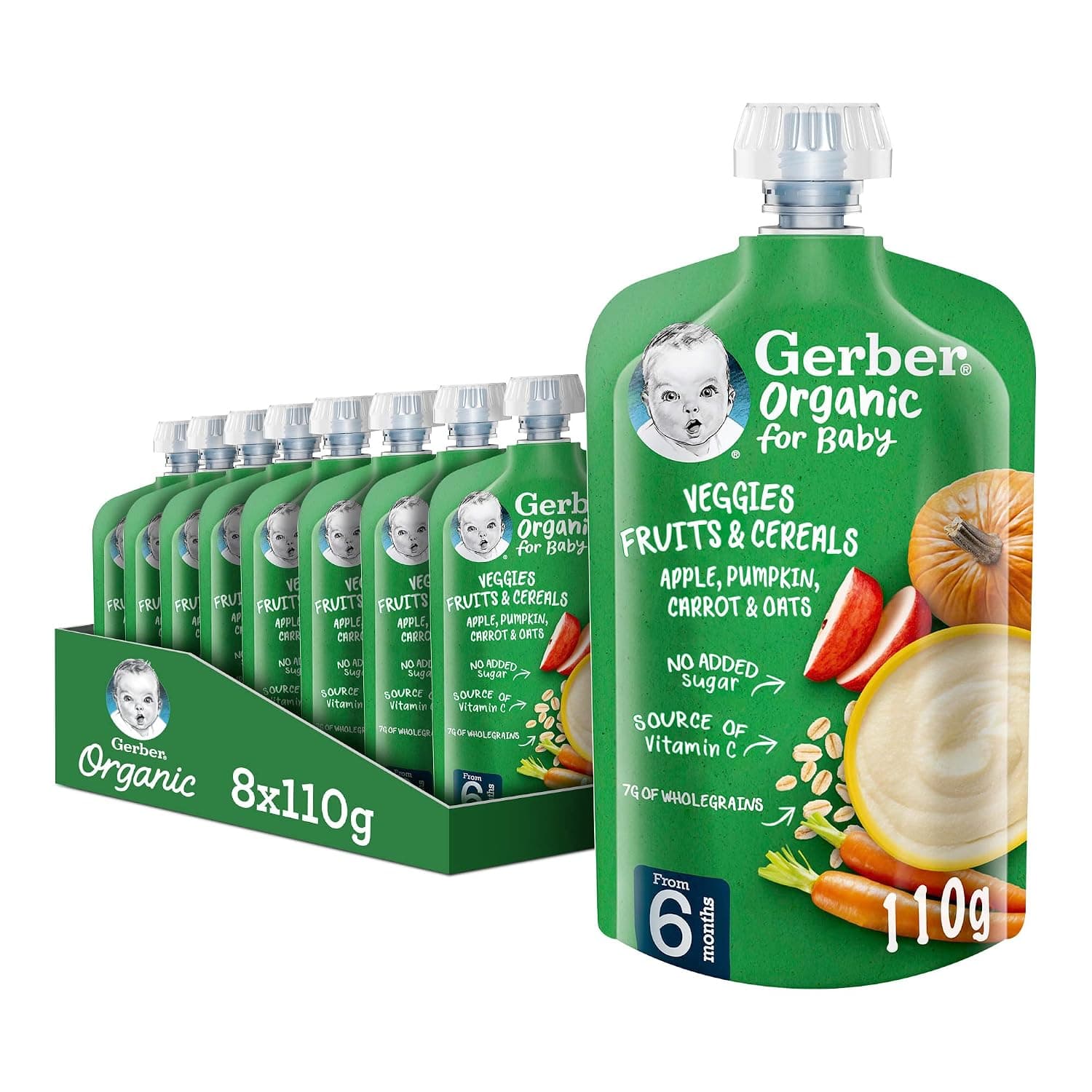 Gerber Organic For Baby Fruits & Cereals, Apple, Pumpkin, Carrot & Oats, 8 x 110 g, Large