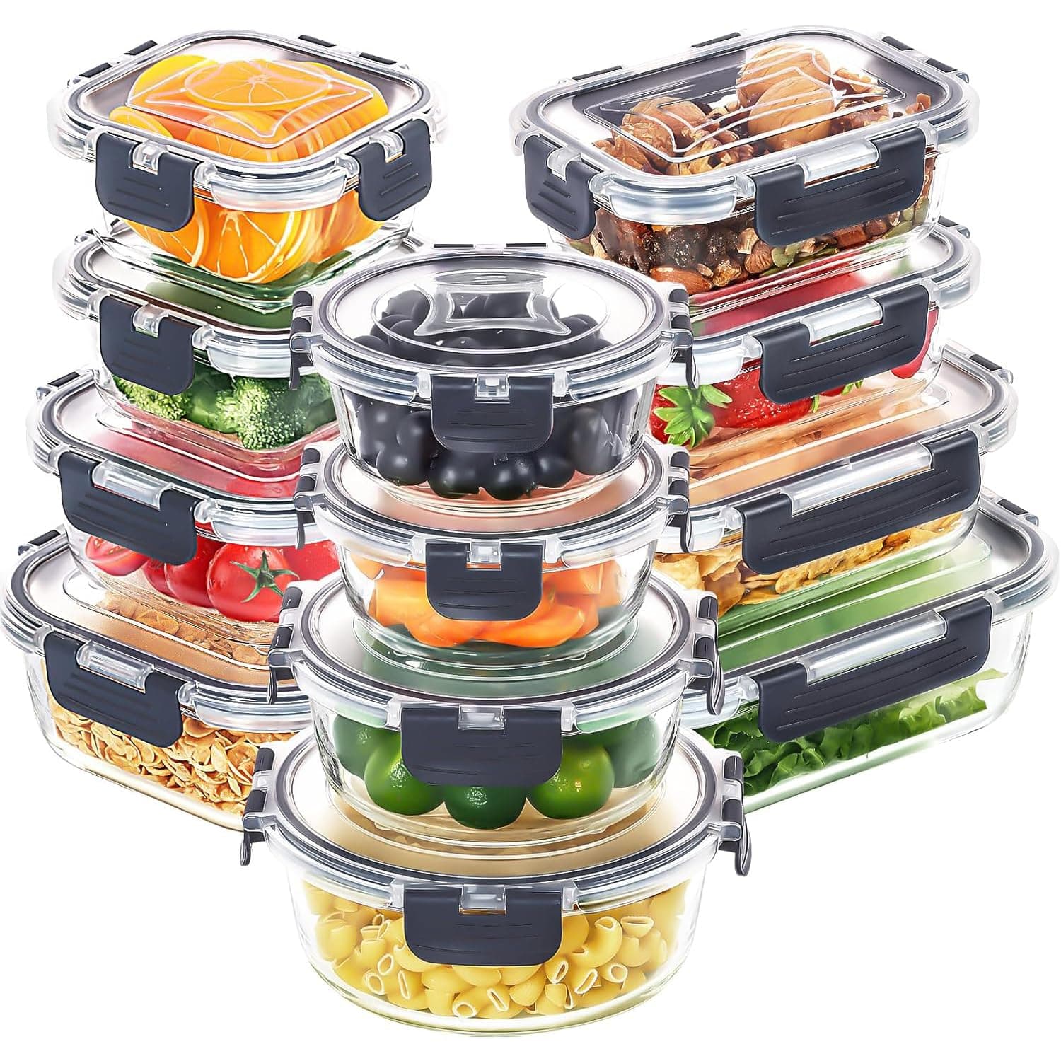 Glass Meal Prep Containers Portion Control with Upgraded Snap Locking Lids Glass Food Storage Containers, Microwave, Oven, Freezer and Dishwasher (12Pcs)