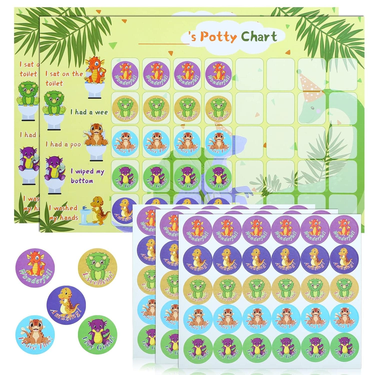 GWHOLE 2 Pack of Dinosaur Potty Training & Toilet Training Reward Chart with Dinosaur Stickers for Toddlers, Boys, Girls | Toilet Training Reward Chart, with 90 Cute Dinosaur Reward Stickers, for Toddlers Potty Training