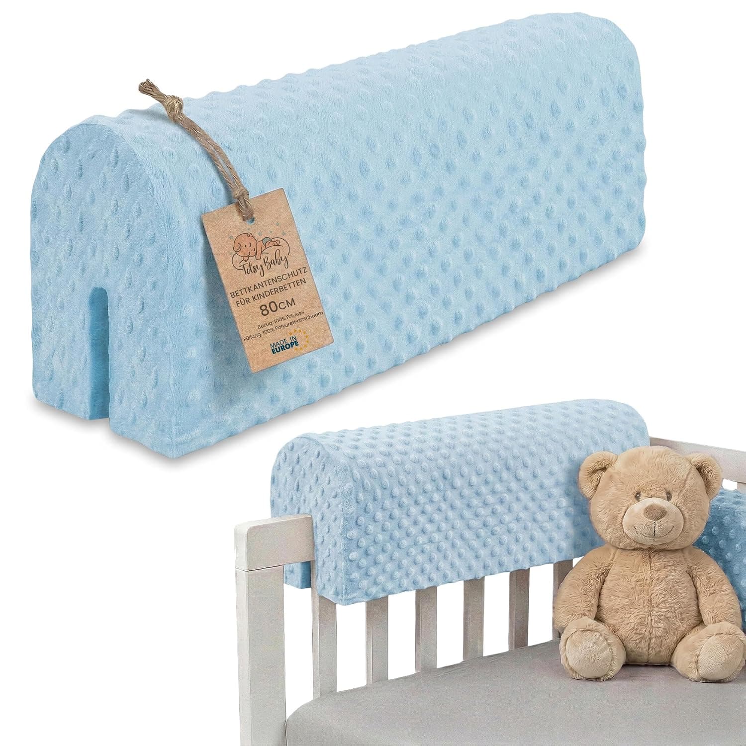 Bed Edge Guard Kids Rail Frame Protector Box Spring Safety Barrier Minky 80 cm - Baby Fall Shield with Removable Cover Cushion for Children Toddler Crib Blue