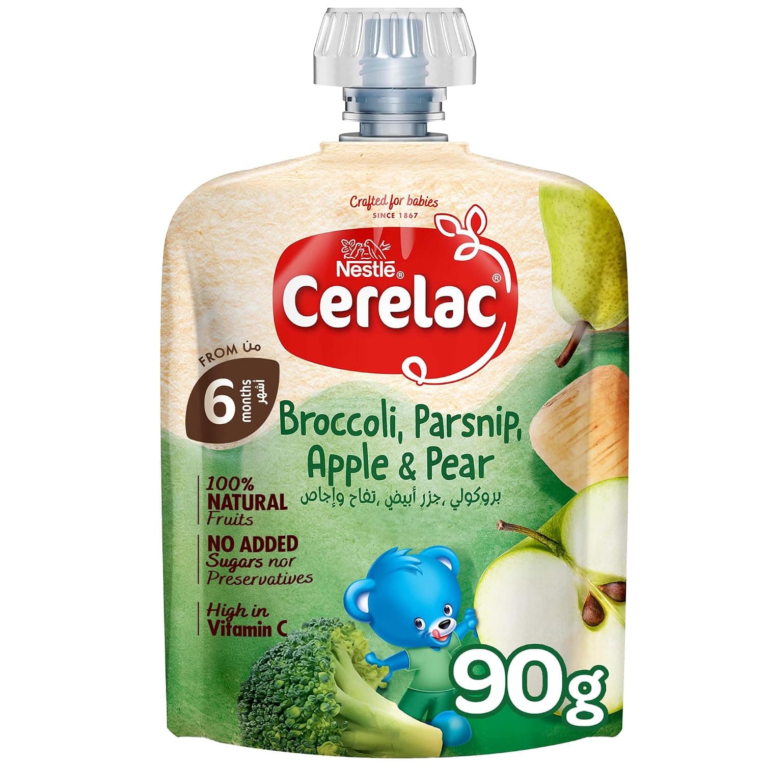 Nestle Cerelac Broccoli, Parsnip, Apple & Pear Puree pouch, High in Vitamin C, 100% Natural Fruits & Veggies, No Added Sugars, No artificial flavors, No preservatives. 90G(6m+)