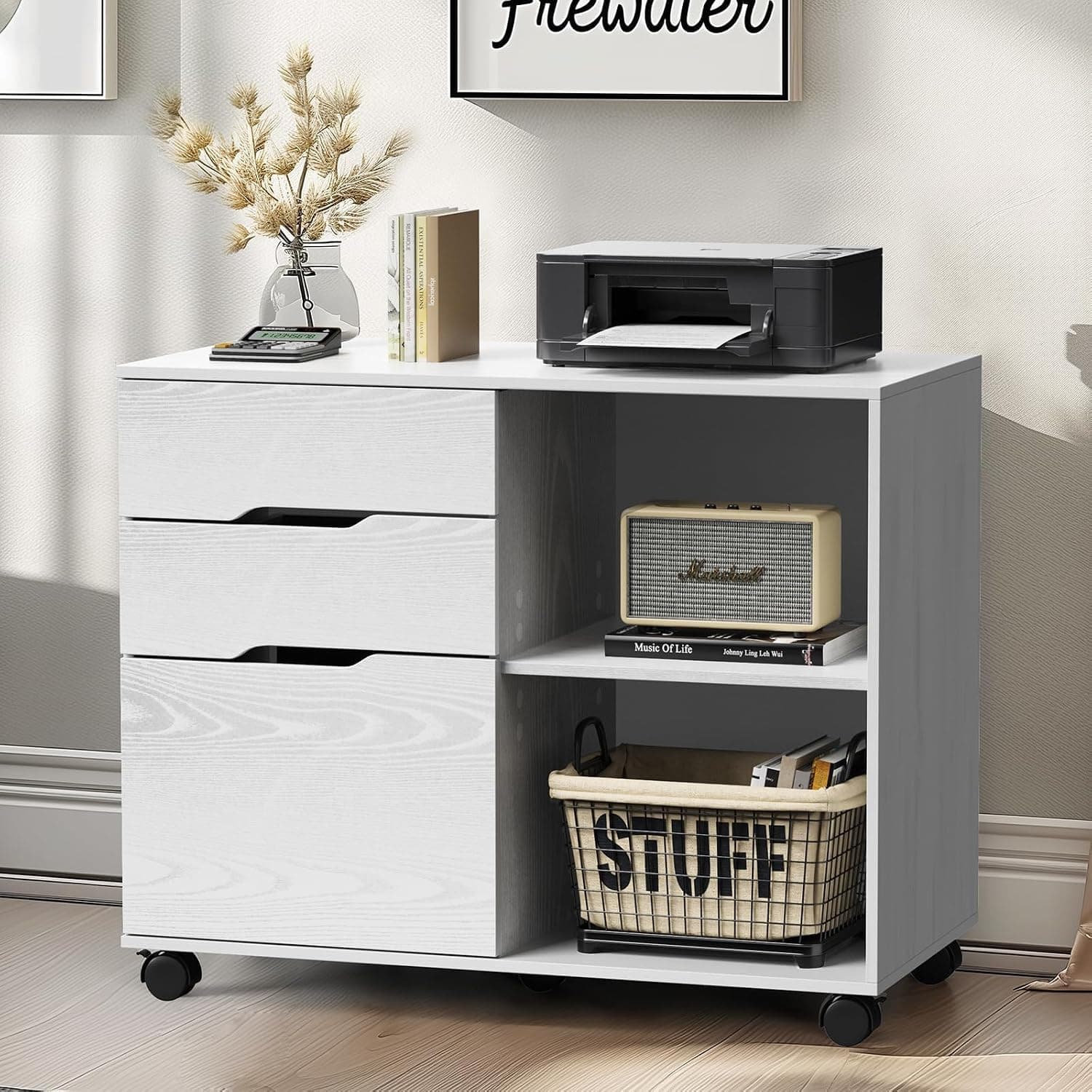 Yanara 3-Drawer Rolling File Cabinet, White Under Desk Storage | Lateral wood organizer, adjustable shelf for printer stand, mobile office home furniture, compact small space design