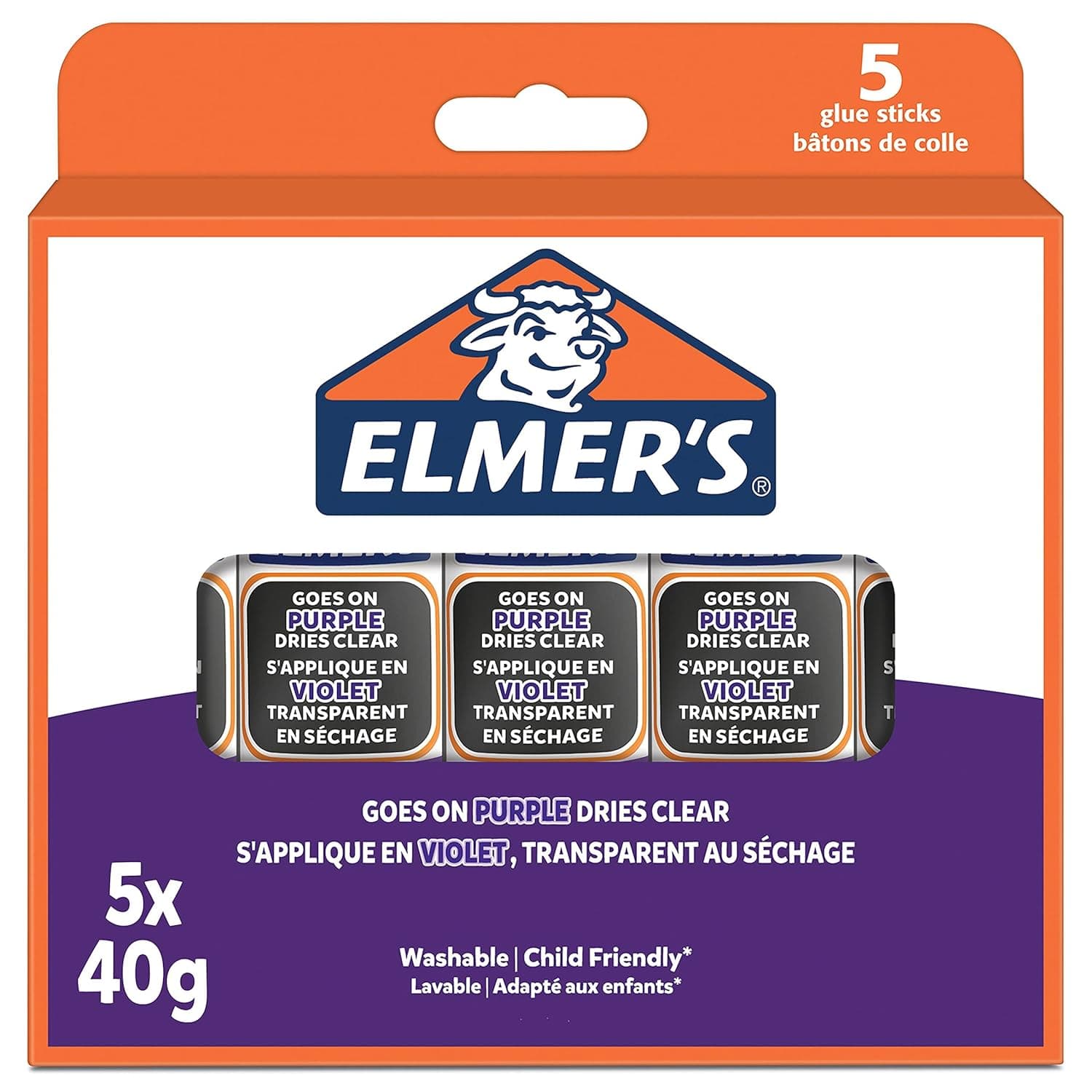 Elmer's Purple Glue Stick | Dries Clear | for School Supplies & Crafts | Washable & Child Friendly | 40 g | Pack of 5