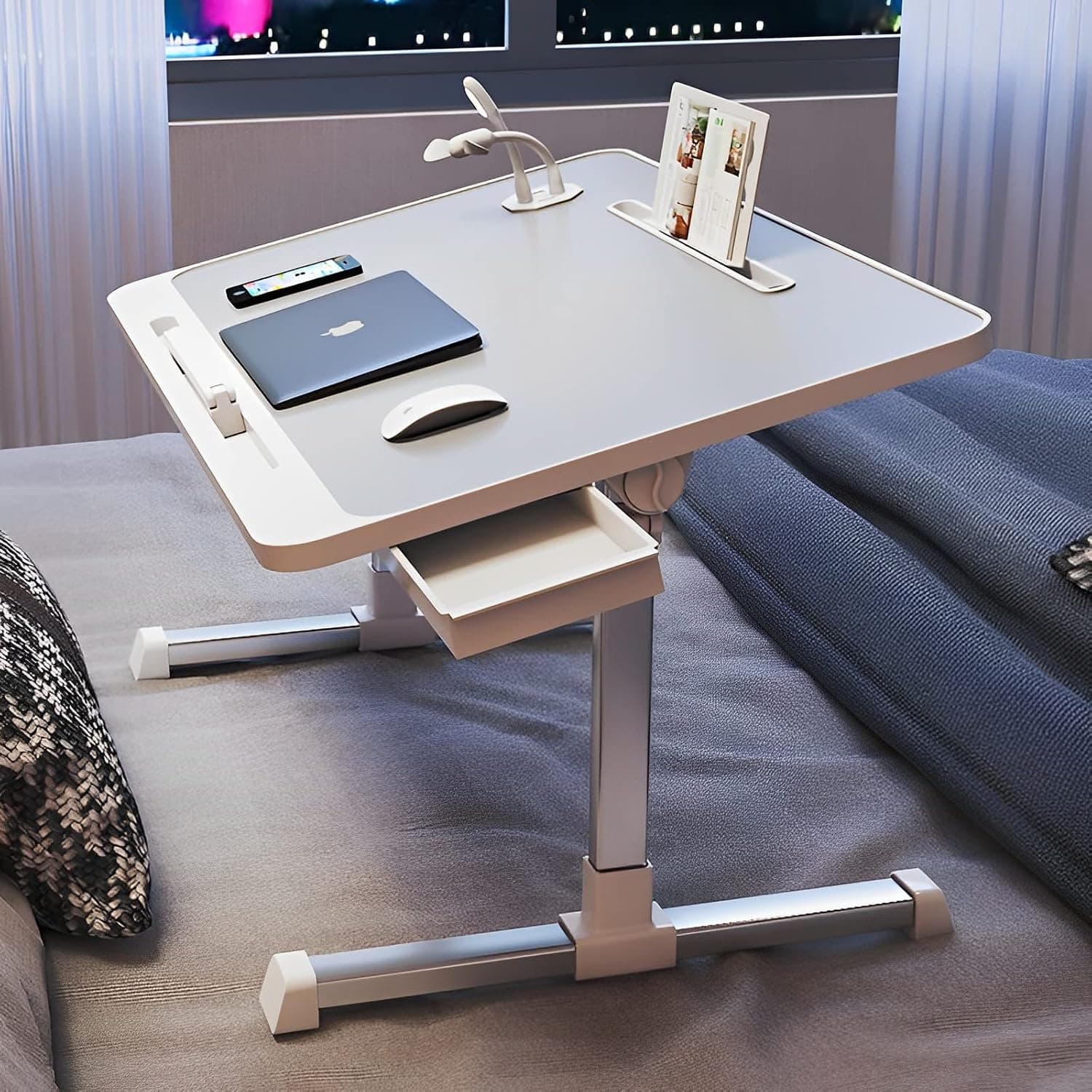 Arabest Adjustable Laptop Table for bed Large Lift Laptop Bed Tray Table, Folding Computer Desk with Removable Bookshelf Slot & Drawer & USB Port, Portable Couch Laptop Stand for bed