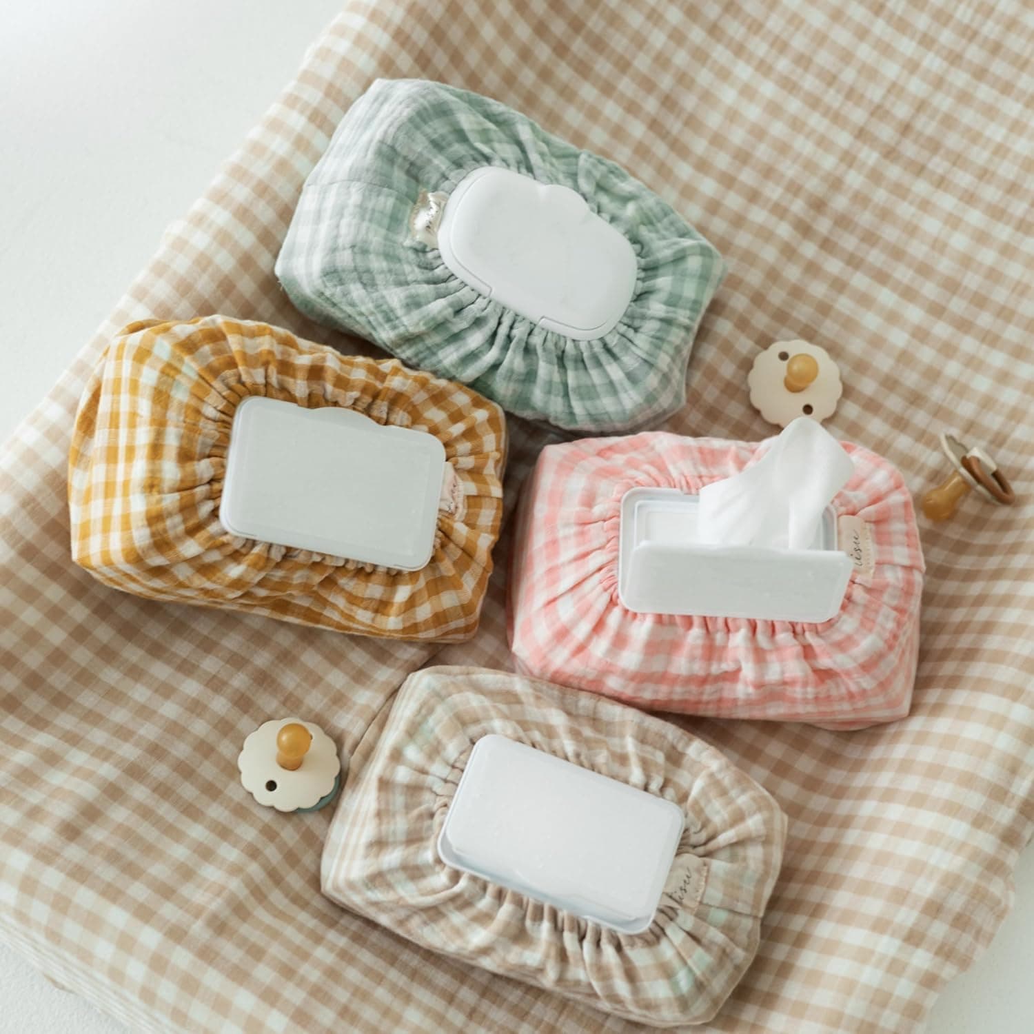 Baby Wipes Cover – Universal Size, One Size Fits All Wipes Packages | Muslin Cotton Tissue Cover for Nursery, Diaper Bag & Changing Table, Station | Gingham & Neutral Patterns (Beige Gingham)