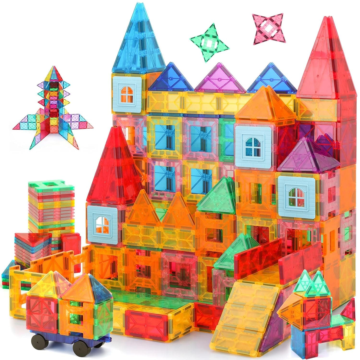 150PCS Magnetic Tiles Set,3D Magnetic Educational Construction Magnetic Toys,150PCS Magnetic Building Blocks and 1 Car,Storage Bag,Ages 3+, Suitable for Boy and Girl Birthday Gifts