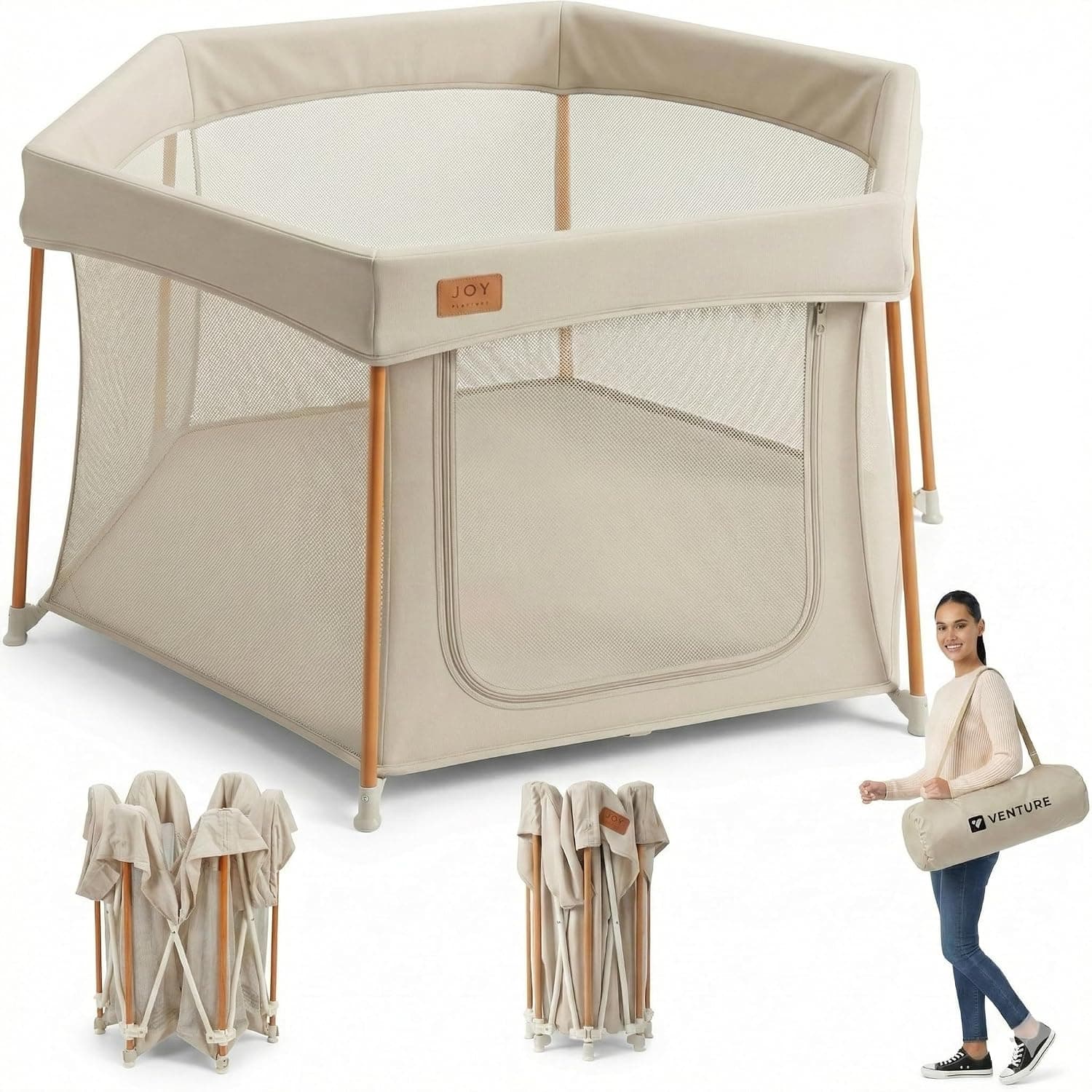 Venture Joy Baby Playpen - Foldable Playpen for Baby and Toddlers, Zip Door & Fitted Playpen Mat with Breathable Mesh Walls, Padded Frame, Baby Play Pen with Travel Bag (135 x 135 x 75 cm), Taupe