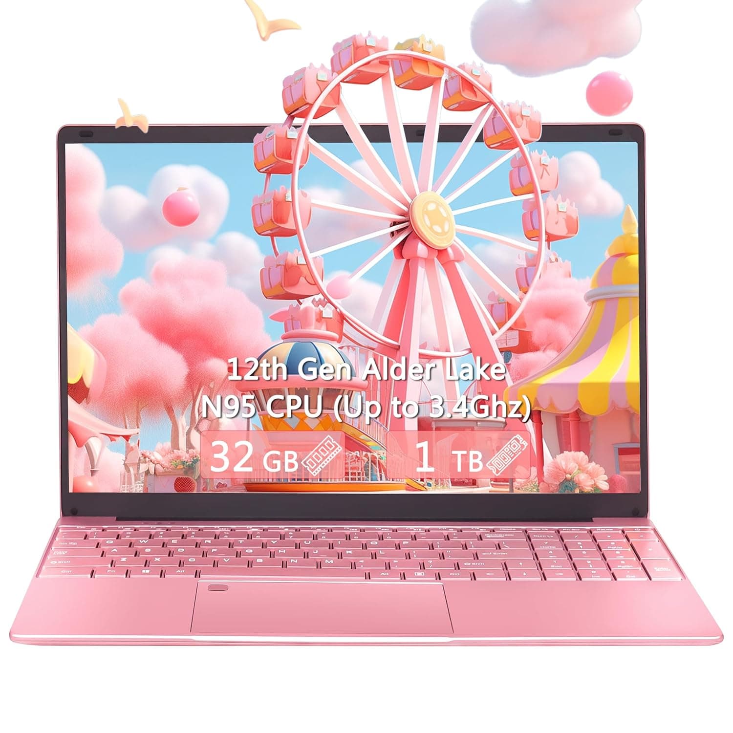 15.6" Pink Laptop,12th Gen N95(Up to 3.4Ghz),DDR4 32G RAM, 1TB NVME SSD, Win 11 Pro,Fingerprint Lock,Portable Notebook PC with Backlit KB (TB, 1)