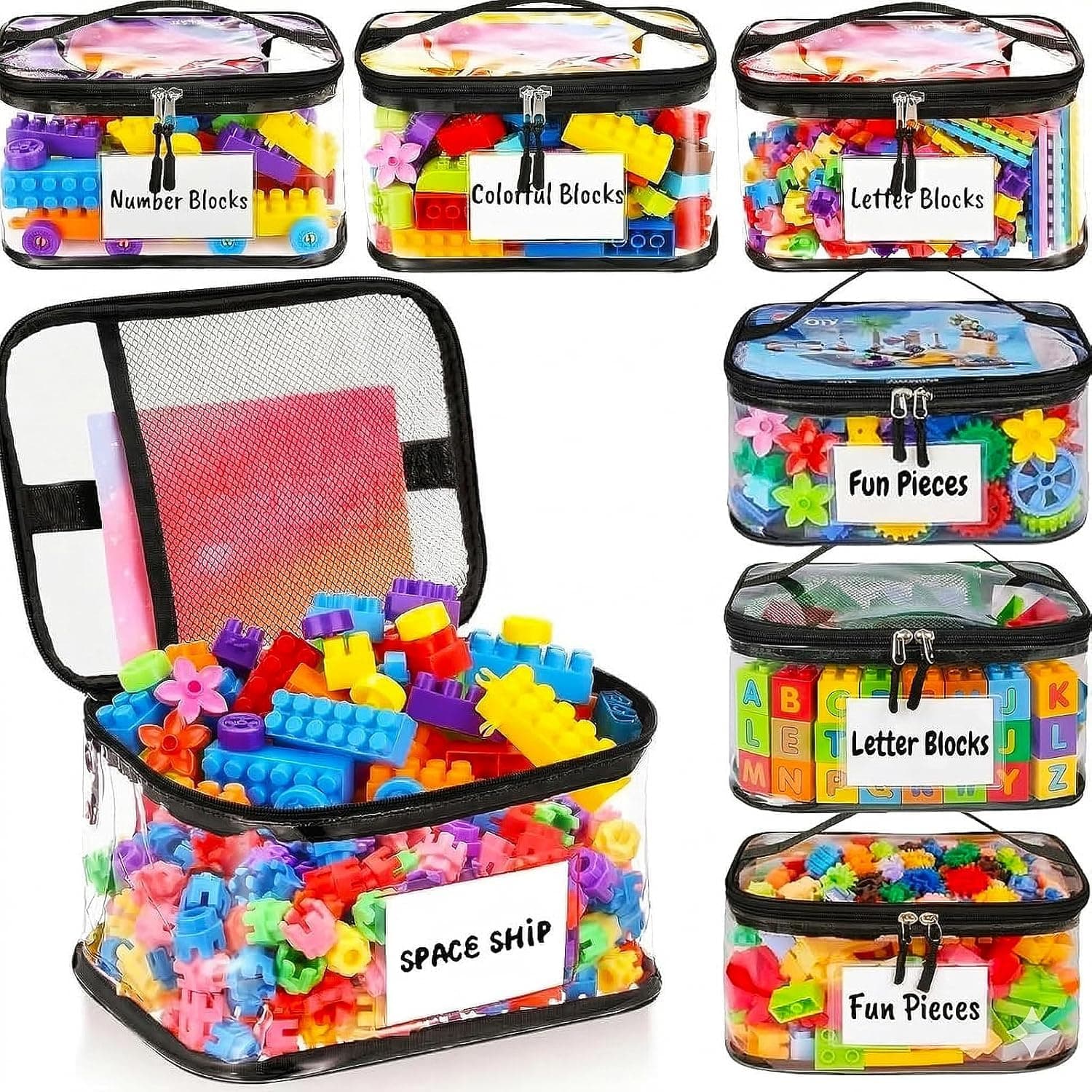 6 Pack Clear Toy Storage Bags, Kids Toy Organizer with Zipper, Waterproof PVC, Large Capacity for Puzzles, Blocks & Board Games, Easy Sorting with Labels